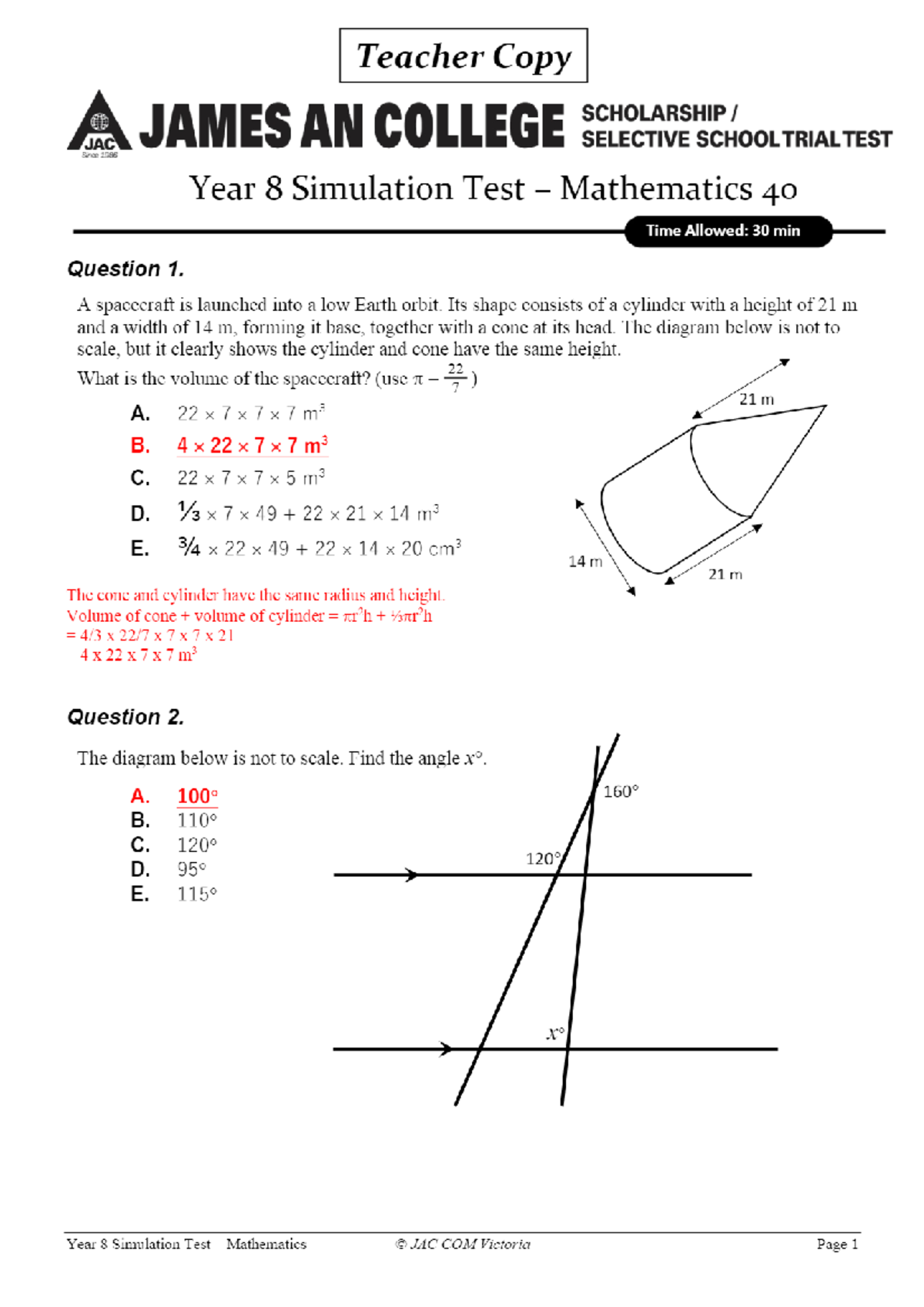 Year 8 Mathematics 40 Simulation Test Answers - JAC COM - Studocu