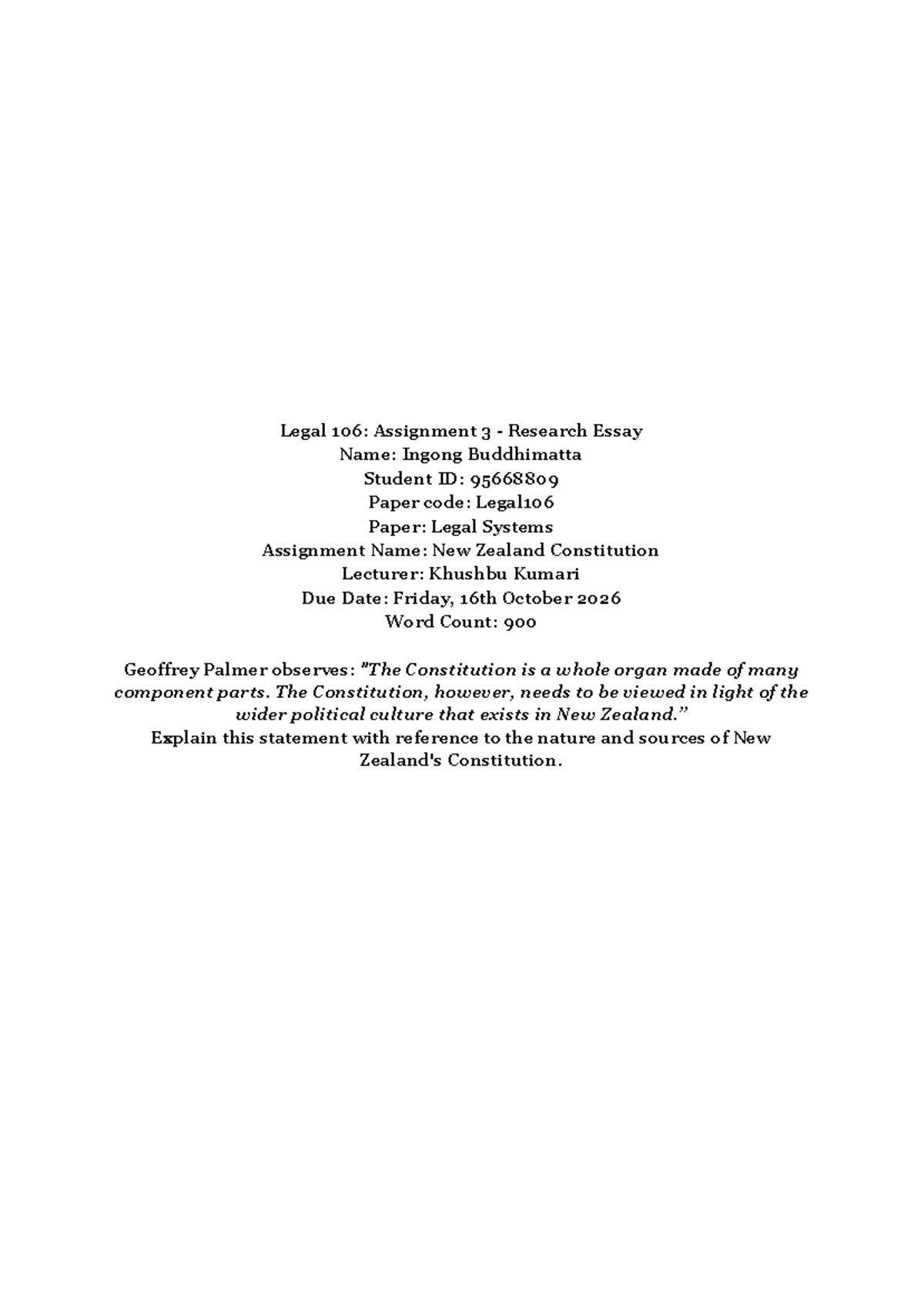 Legal 106: Assignment 3 - Research Essay on NZ Constitution - Studocu
