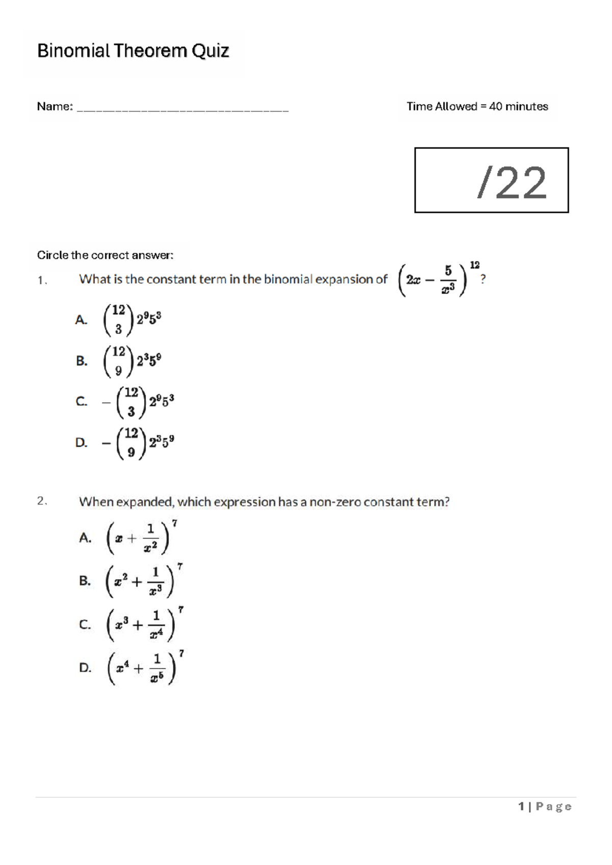 Binomial Theorem Quiz (11G) - Binomial Theorem Quiz Name