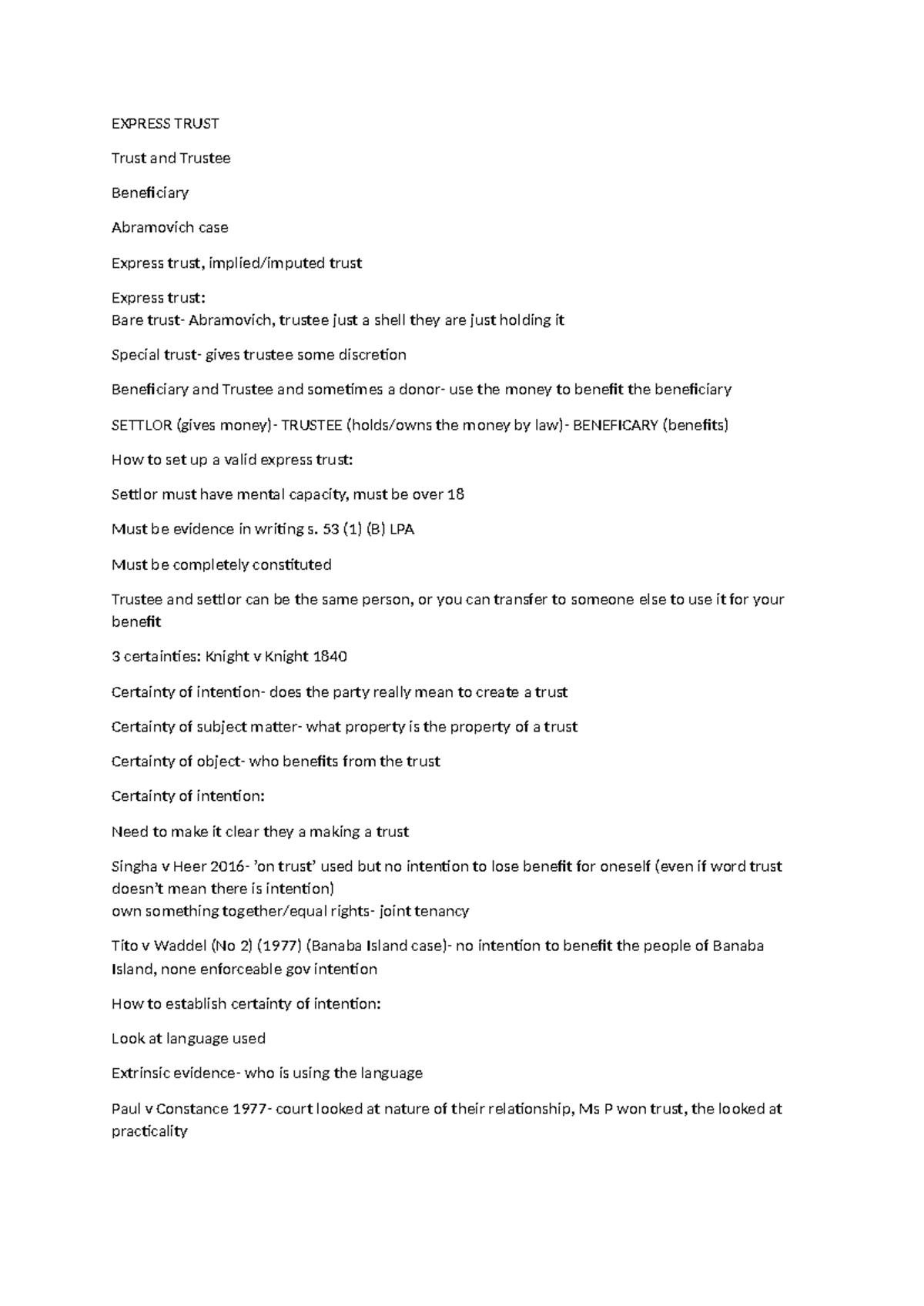 Property Express Trusts: Key Concepts and Case Analysis (LAW 101) - Studocu