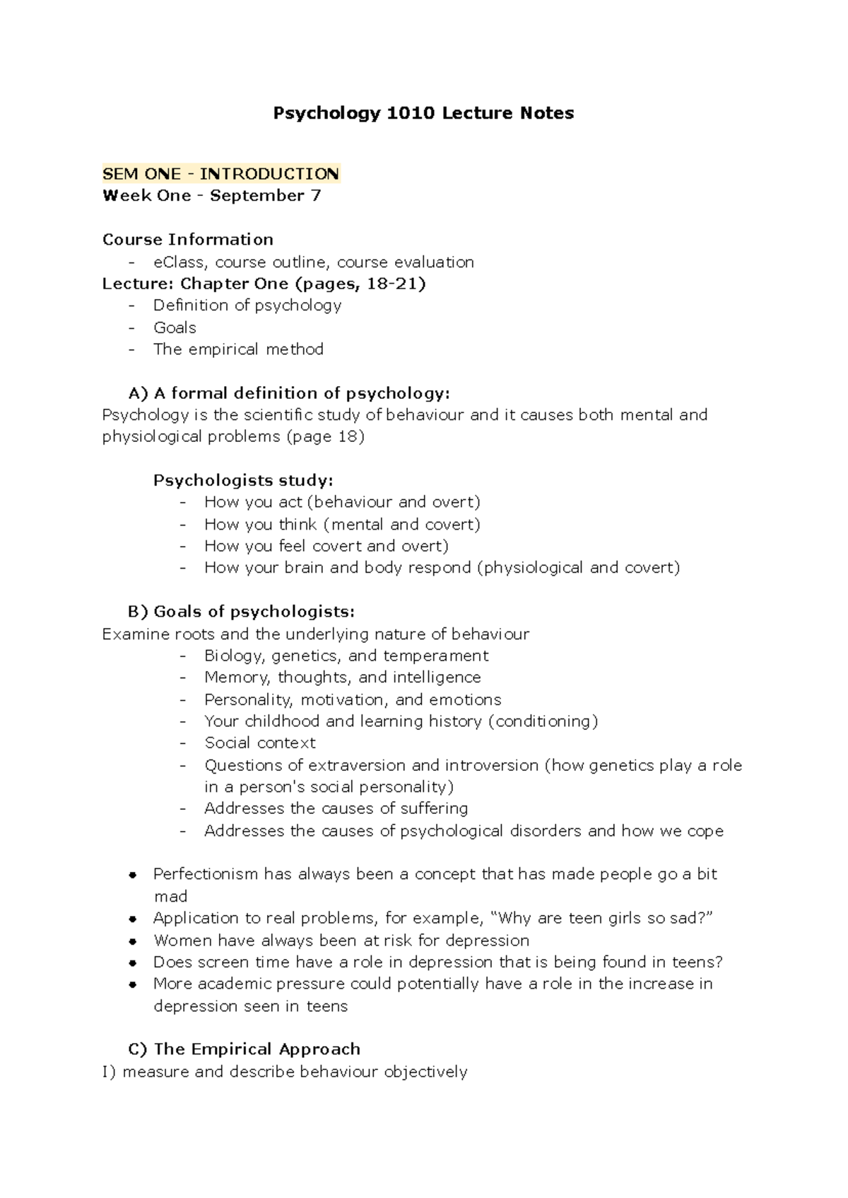 Psychology 1010 Lecture Notes: Insights on Behavior and Mind - Studocu
