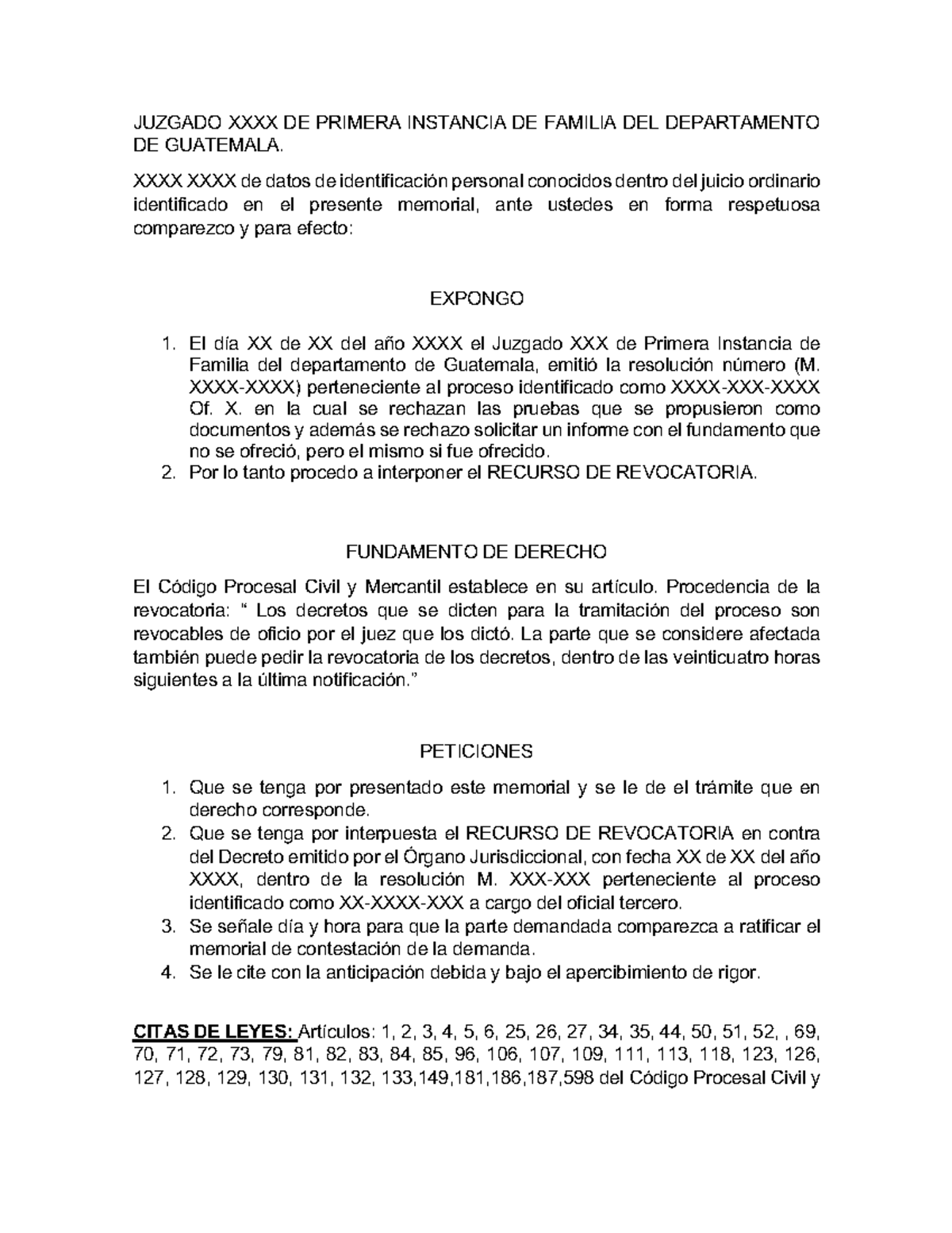 Memorial de Revocatoria (STU) ante Juzgado de Familia de Guatemala - Document Preview