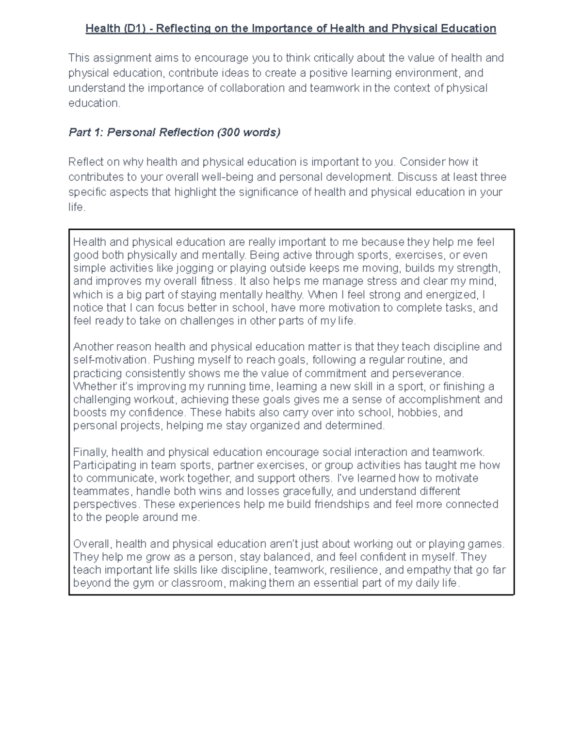 Health (D1) - The Value of Health & PE: Reflections & Insights - Studocu