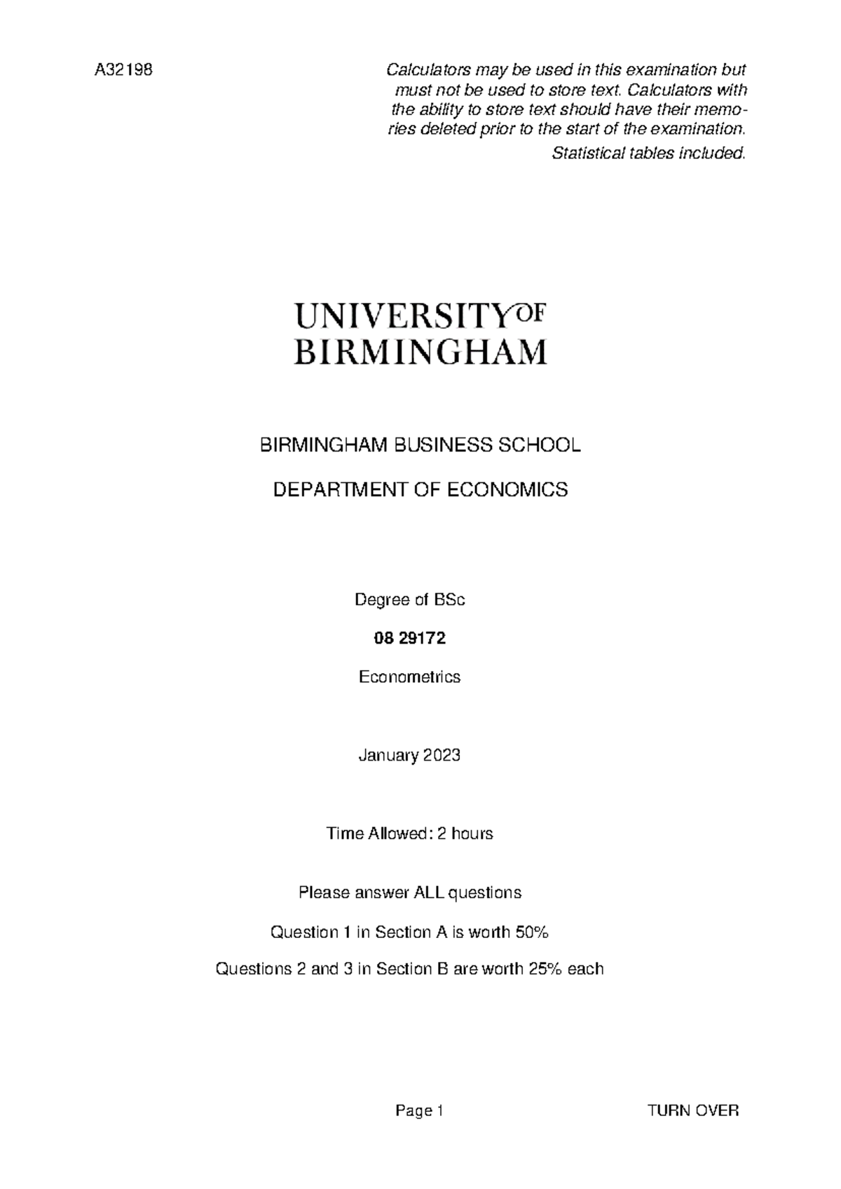 A32198 Econometrics Final Exam Guidelines and Key Concepts 2023 - Studocu