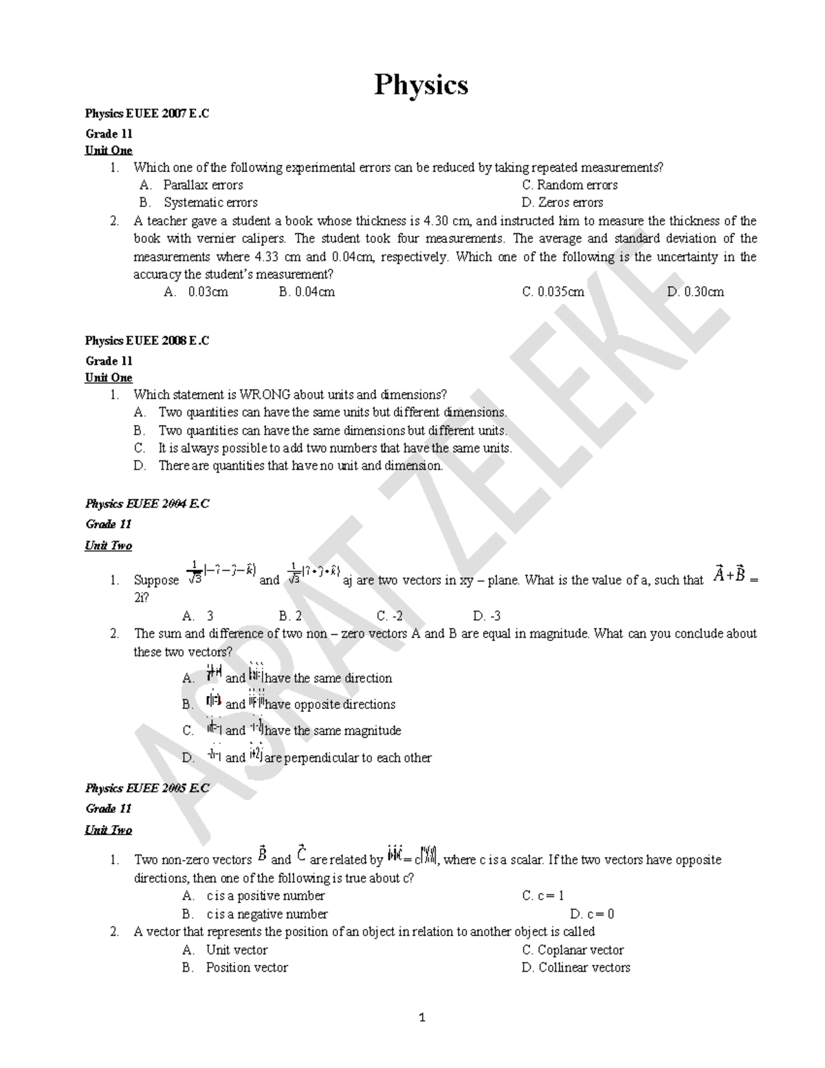 Physics EUEE 2004-2008 E.C Grade 11 & 12 Comprehensive Workbook - Studocu