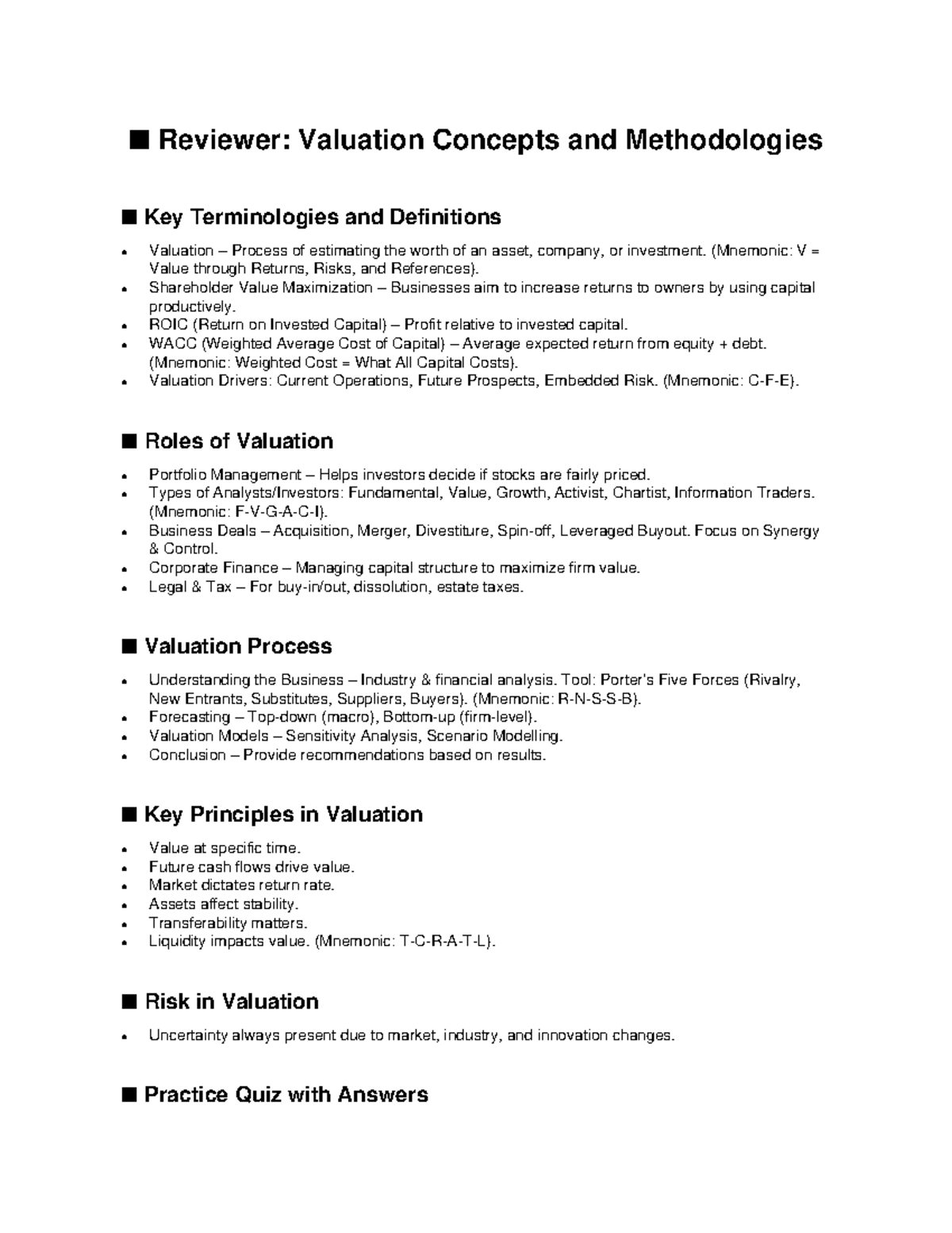 Valuation Concepts and Methodologies Review (FIN 301) - Studocu