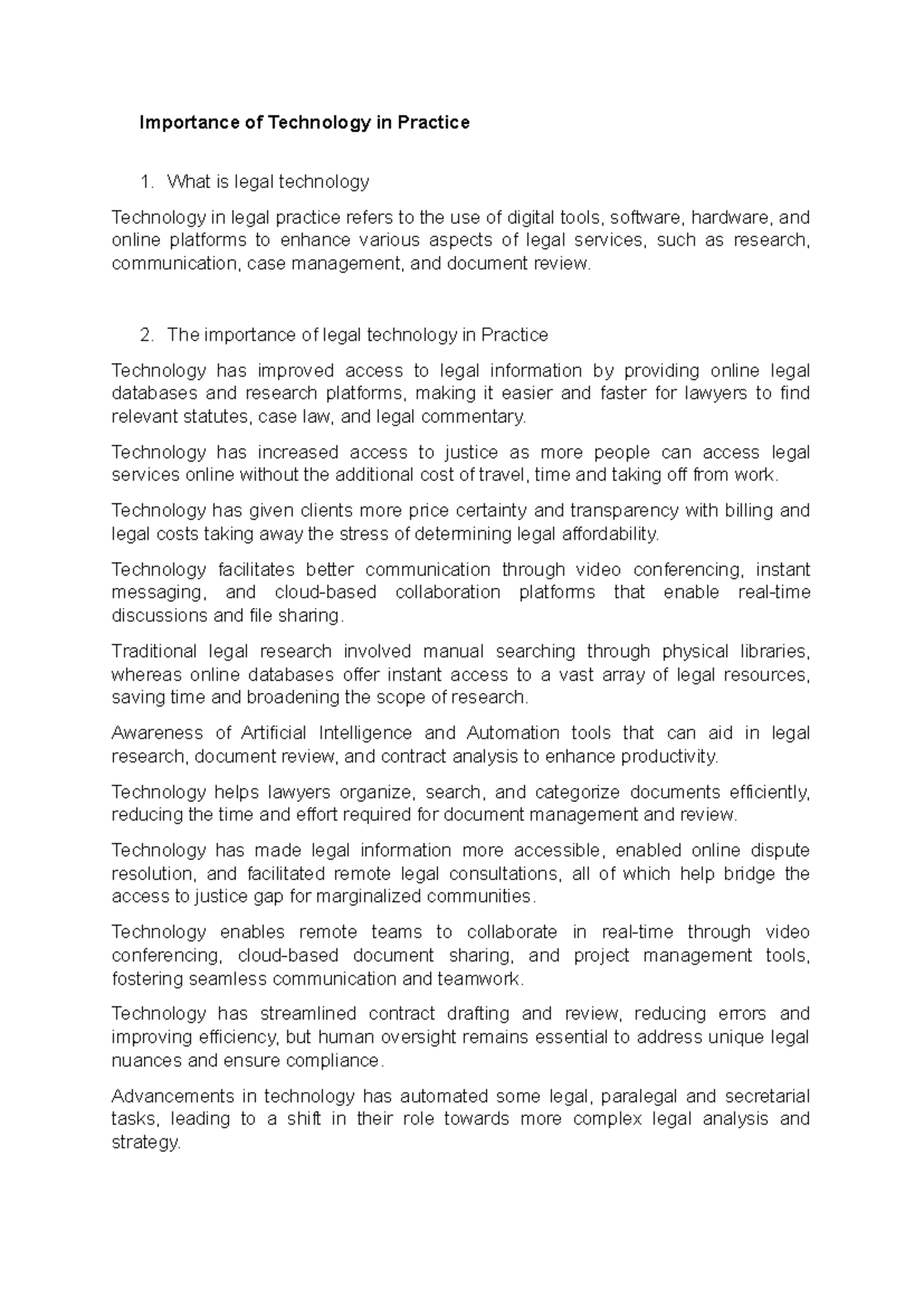 Importance and Challenges of Technology in Legal Practice - Studocu