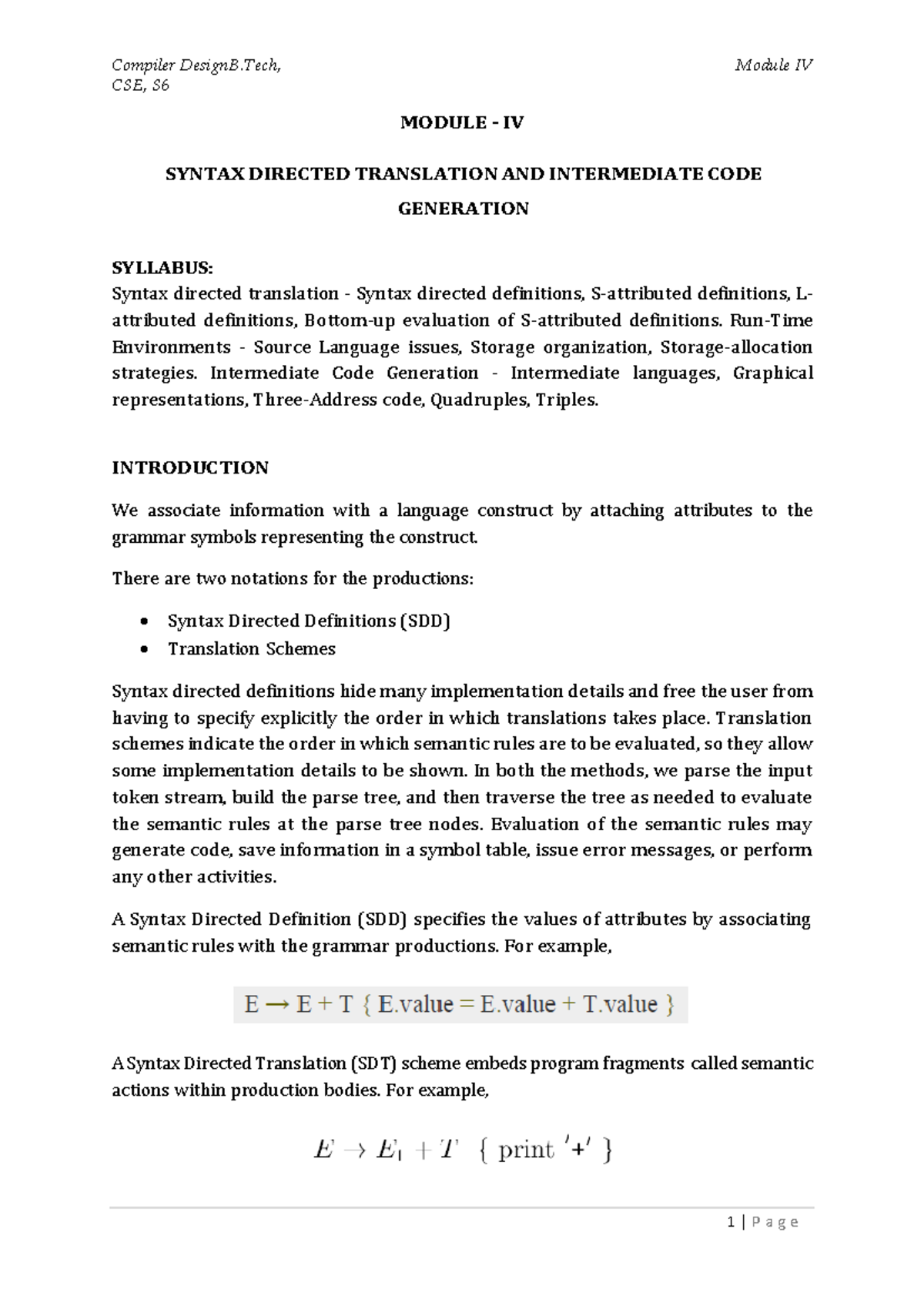 Compiler Design B.Tech, CSE, S6 Module IV: Syntax Directed Translation ...