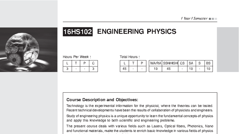 16HS102 - Engineering Physics Course Overview and Objectives - Studocu