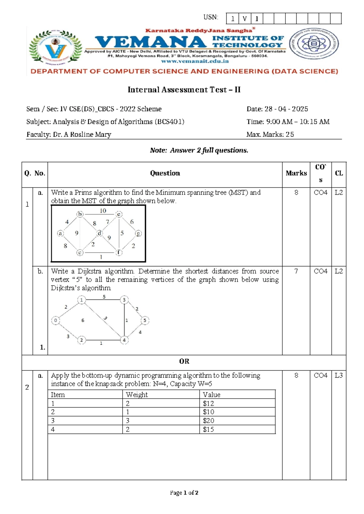 ADA IA2 SET1 - Internal Assessment Test II (BCS401) - Studocu