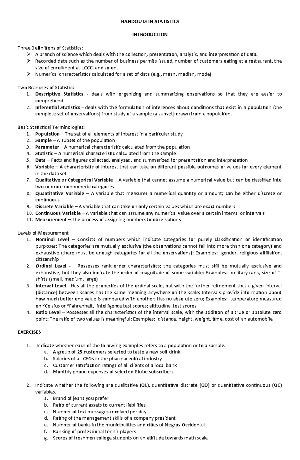 Statistics Handouts: Concepts & Techniques Overview for Course STAT101 ...
