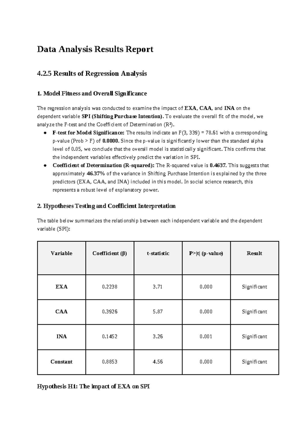 Regression Analysis Results Report - Section 4.2.5 - Studocu