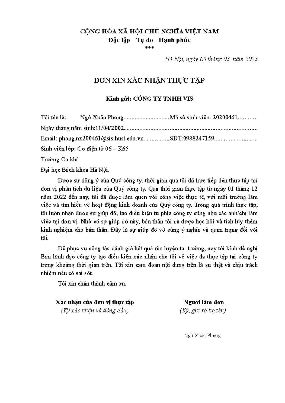 Đơn Xác Nhận Thực Tập của Sinh Viên Cơ Điện Tử 20200461 - Studocu