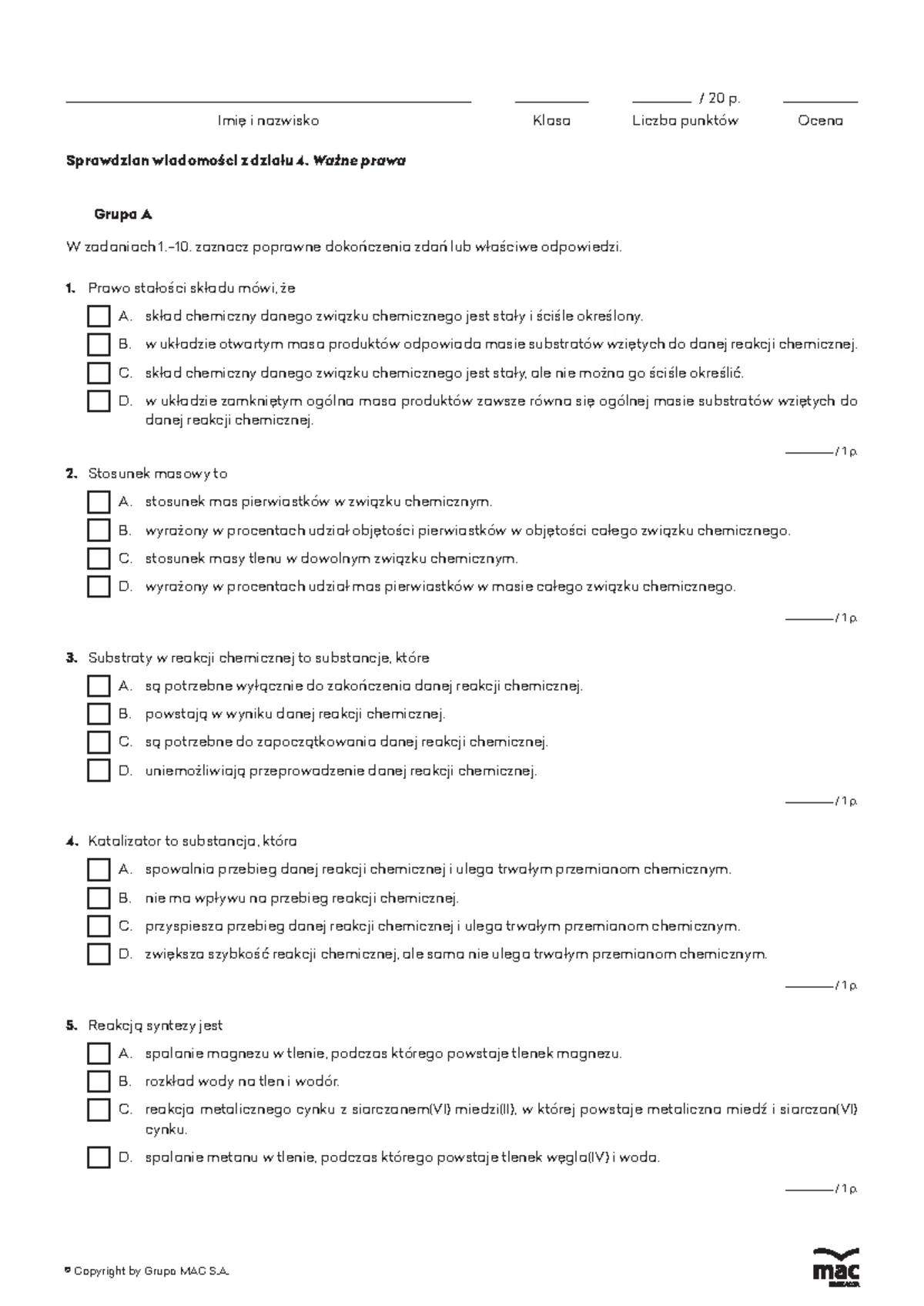 Sprawdzian Z Chemii Klasa 7 Dział3