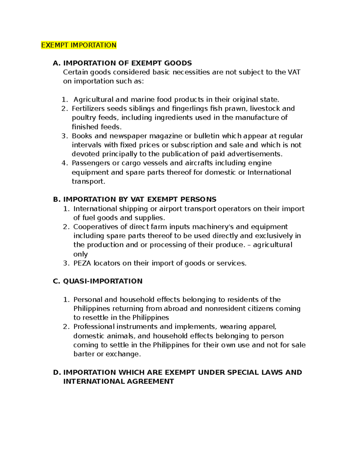 Exempt Importation - Lecture notes 1 - EXEMPT IMPORTATION A OF EXEMPT ...