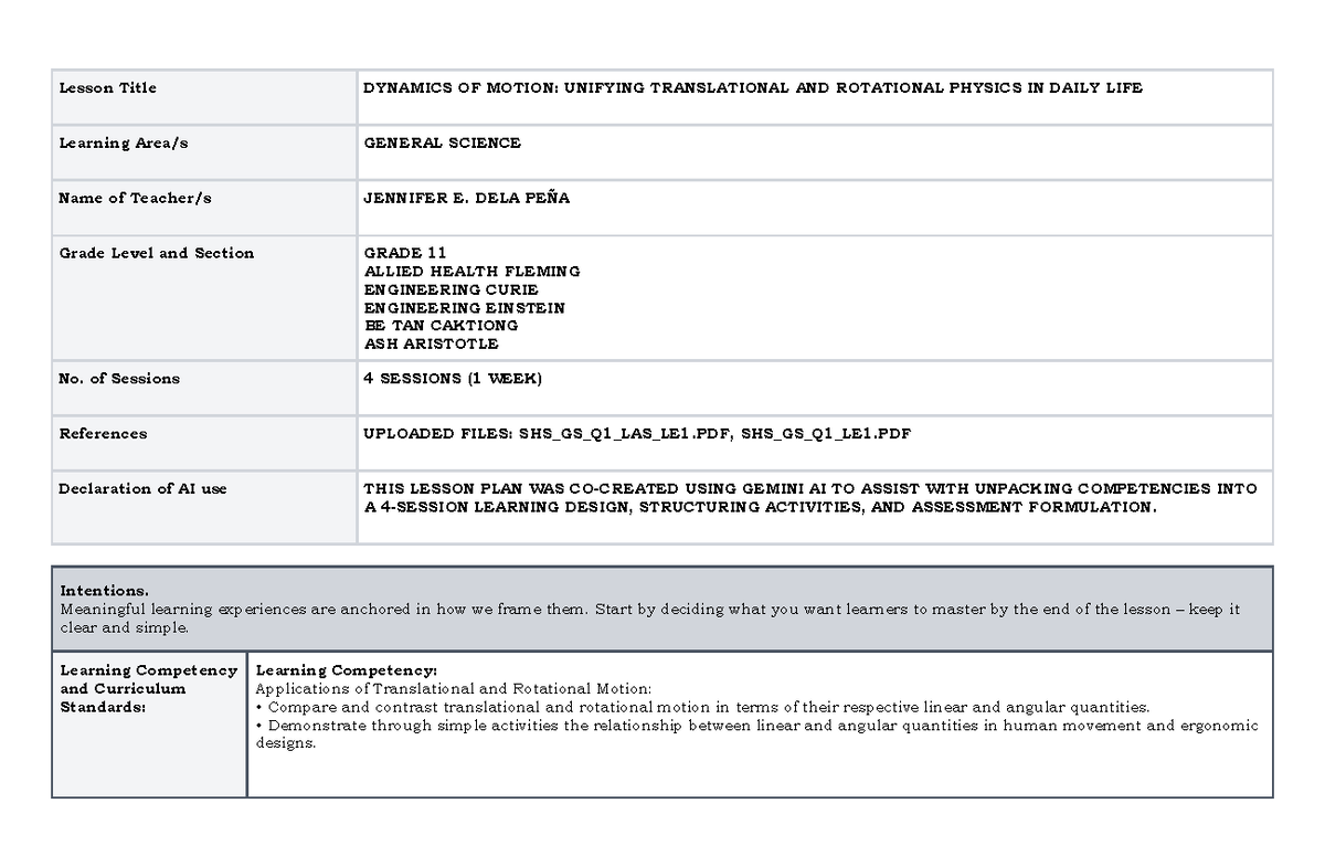 DLL-Gensci-W2: Dynamics of Motion in Daily Life - Grade 11 Lesson Plan ...