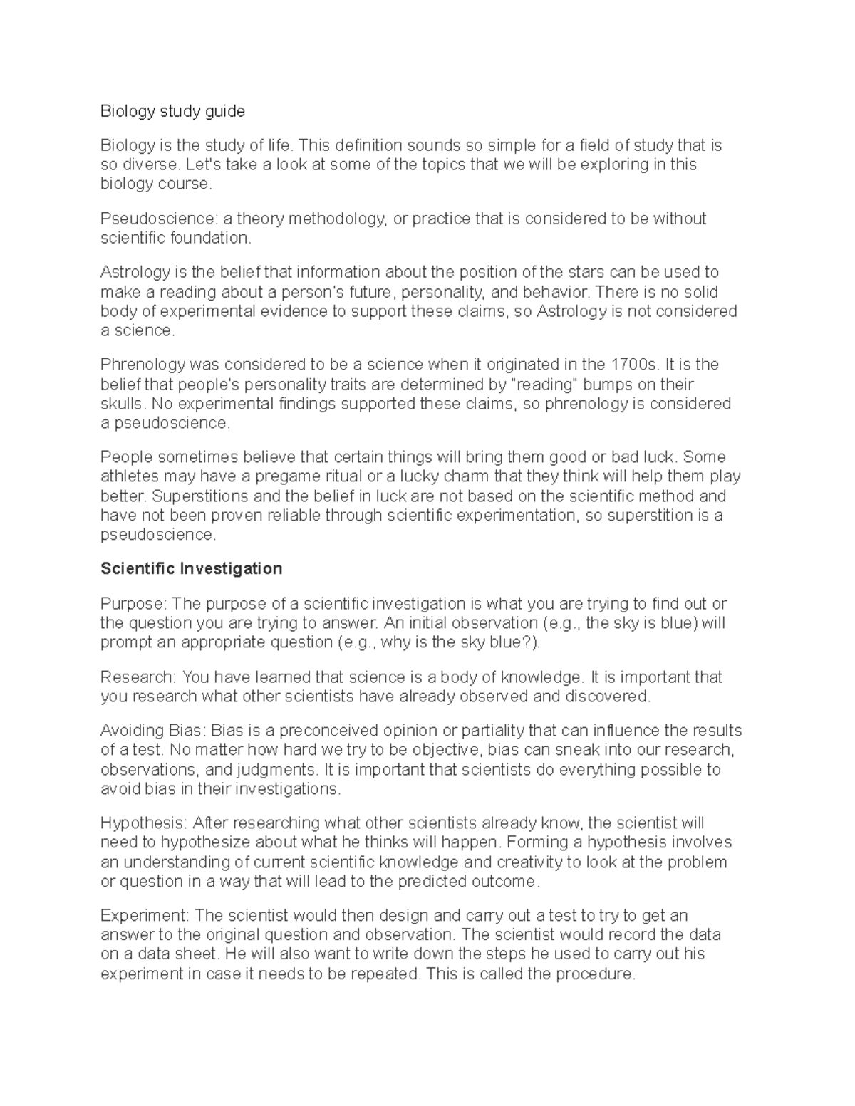 Biology (BIO101) Final Exam Comprehensive Study Guide - Studocu