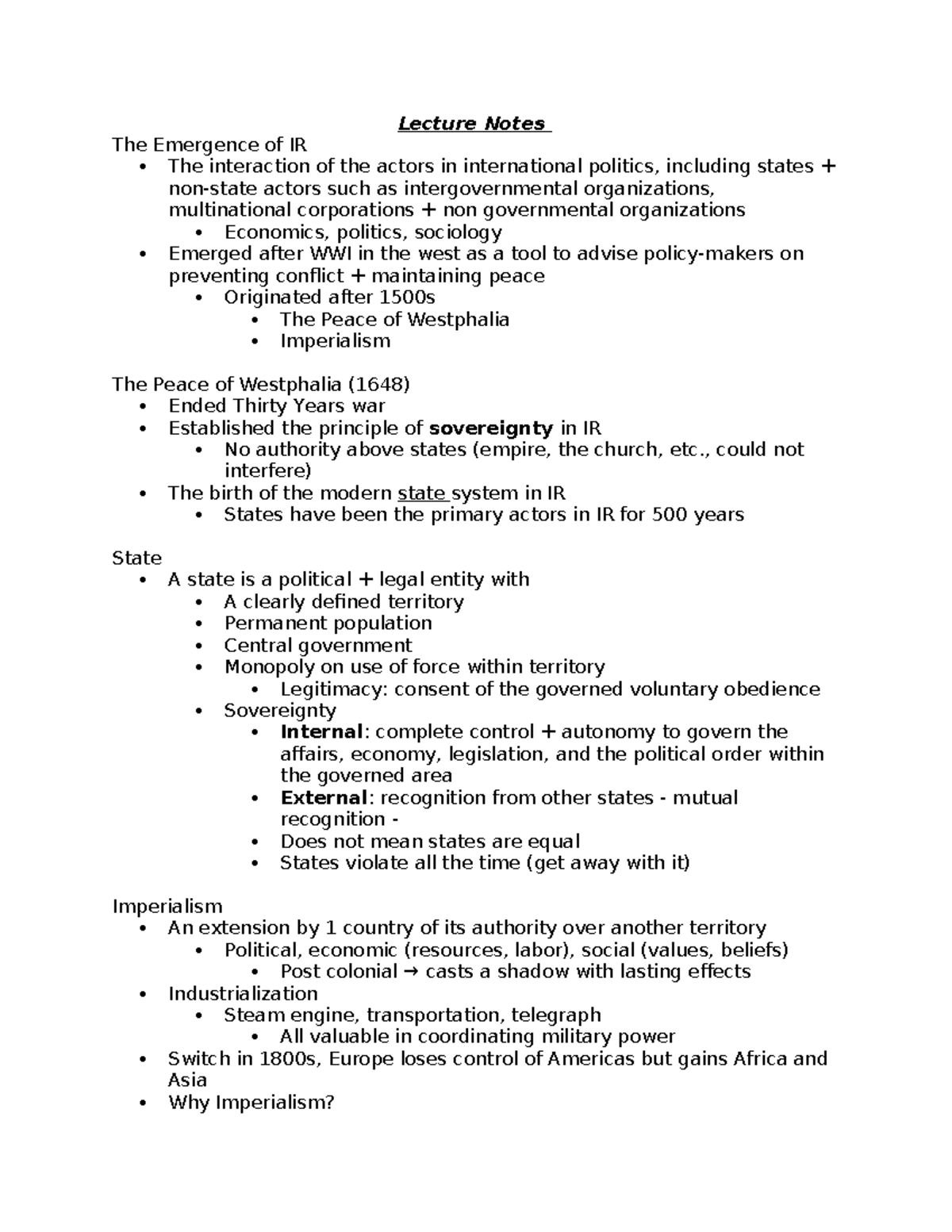 IR Lecture Notes: The Emergence of International Relations and Key ...
