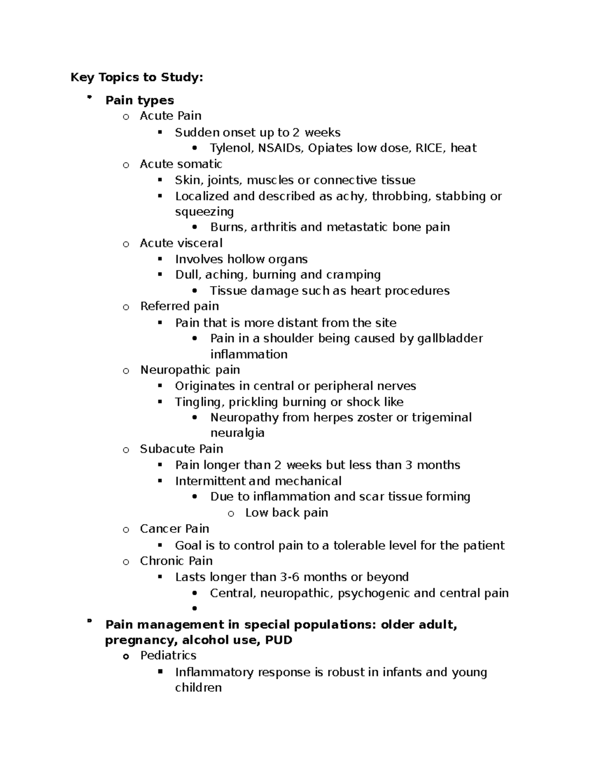 Quiz 3 Study Points: Key Pain Types and Management Strategies - Studocu