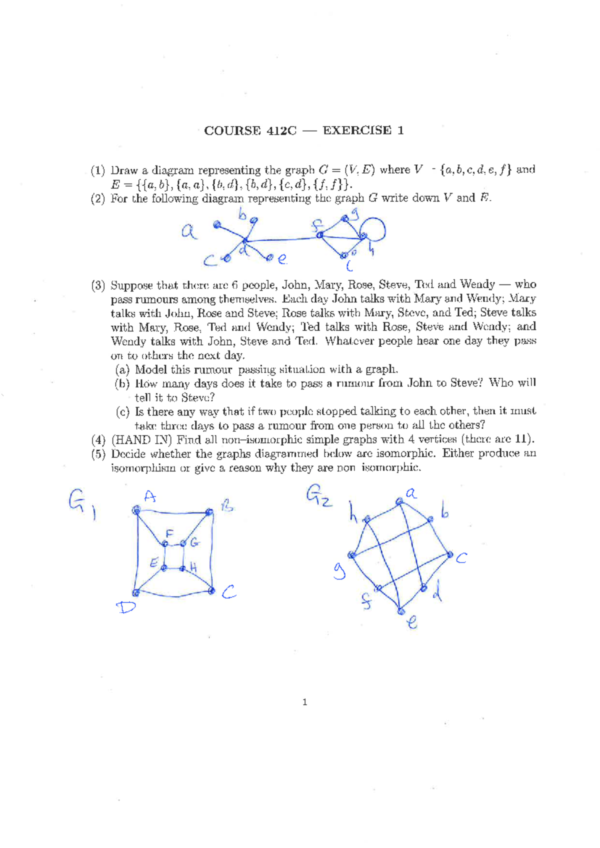 COURSE 412C EXERCISE 1: Graph Theory Problems and Solutions - Studocu