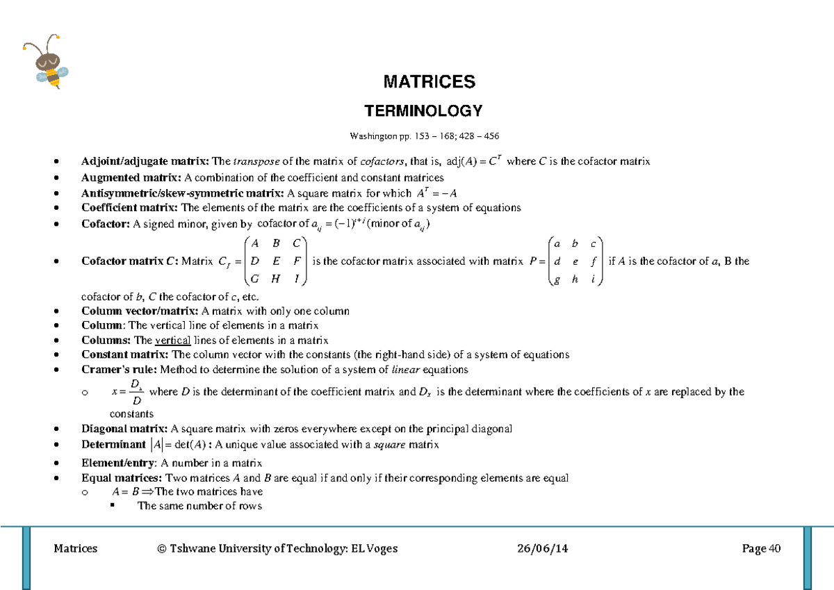Theme 2 Notes Matrix - MATRICES TERMINOLOGY Washington pp. 153 – 168 ...