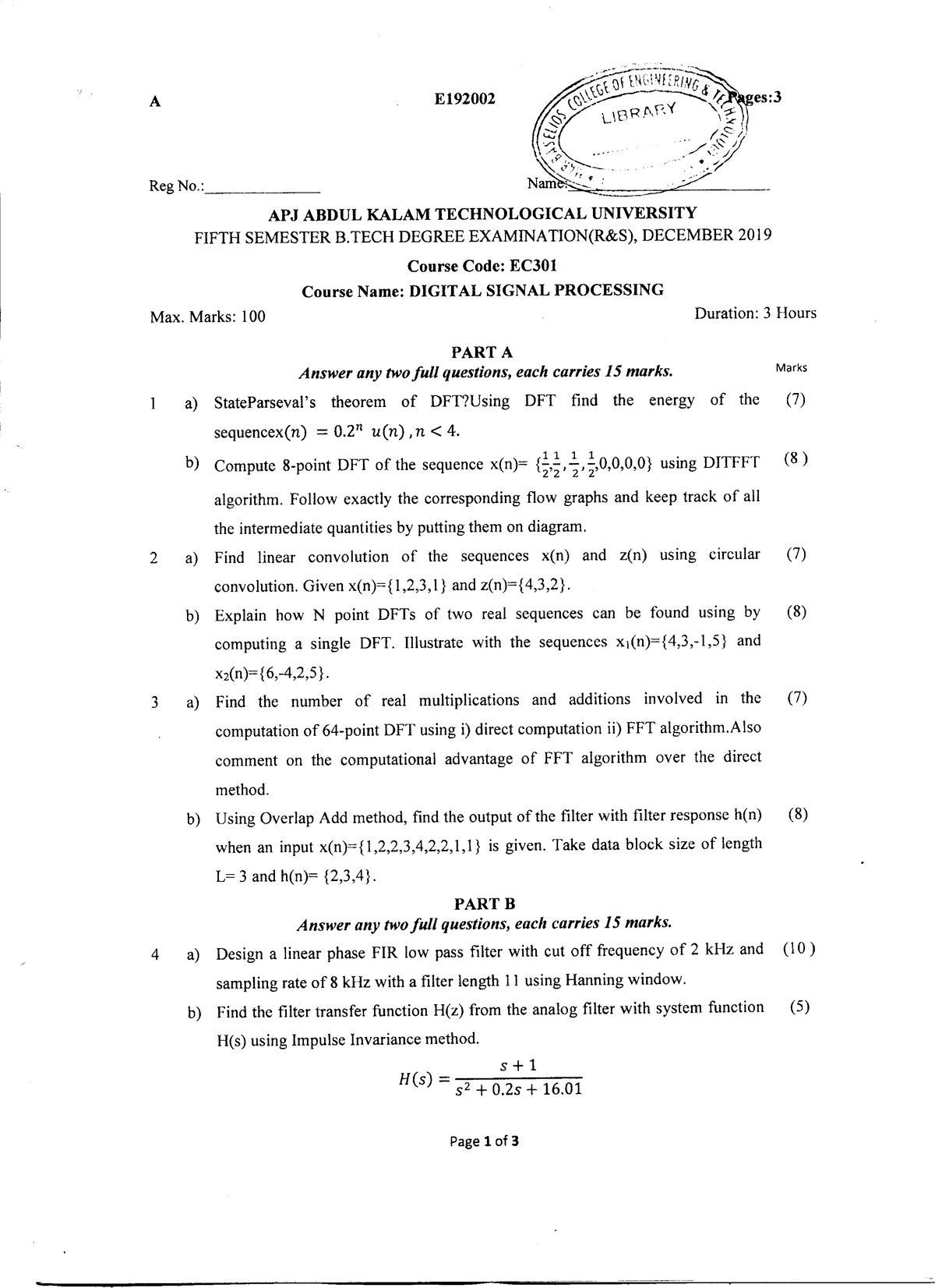 EC301 - Digital Signal Processing Previous Question Paper - Studocu