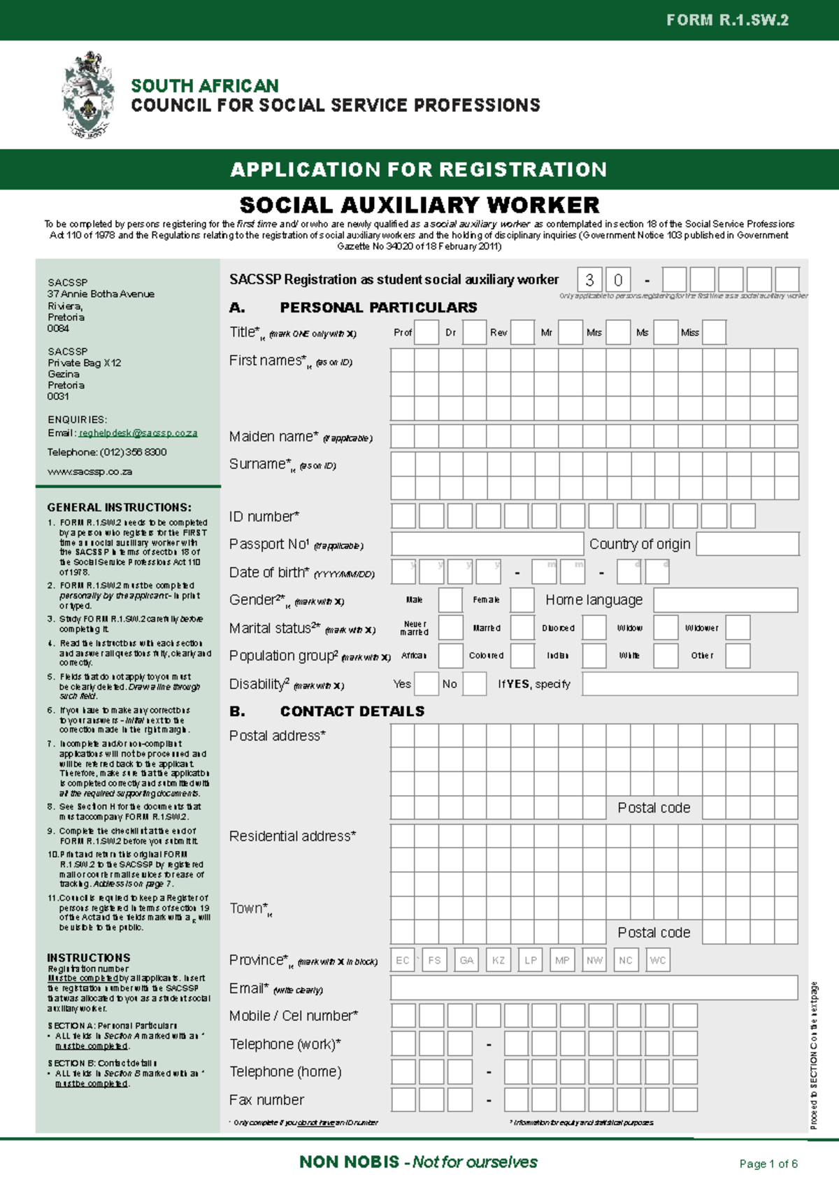 FORM R.1.SW.2 Application for Registration: Social Auxiliary Worker ...