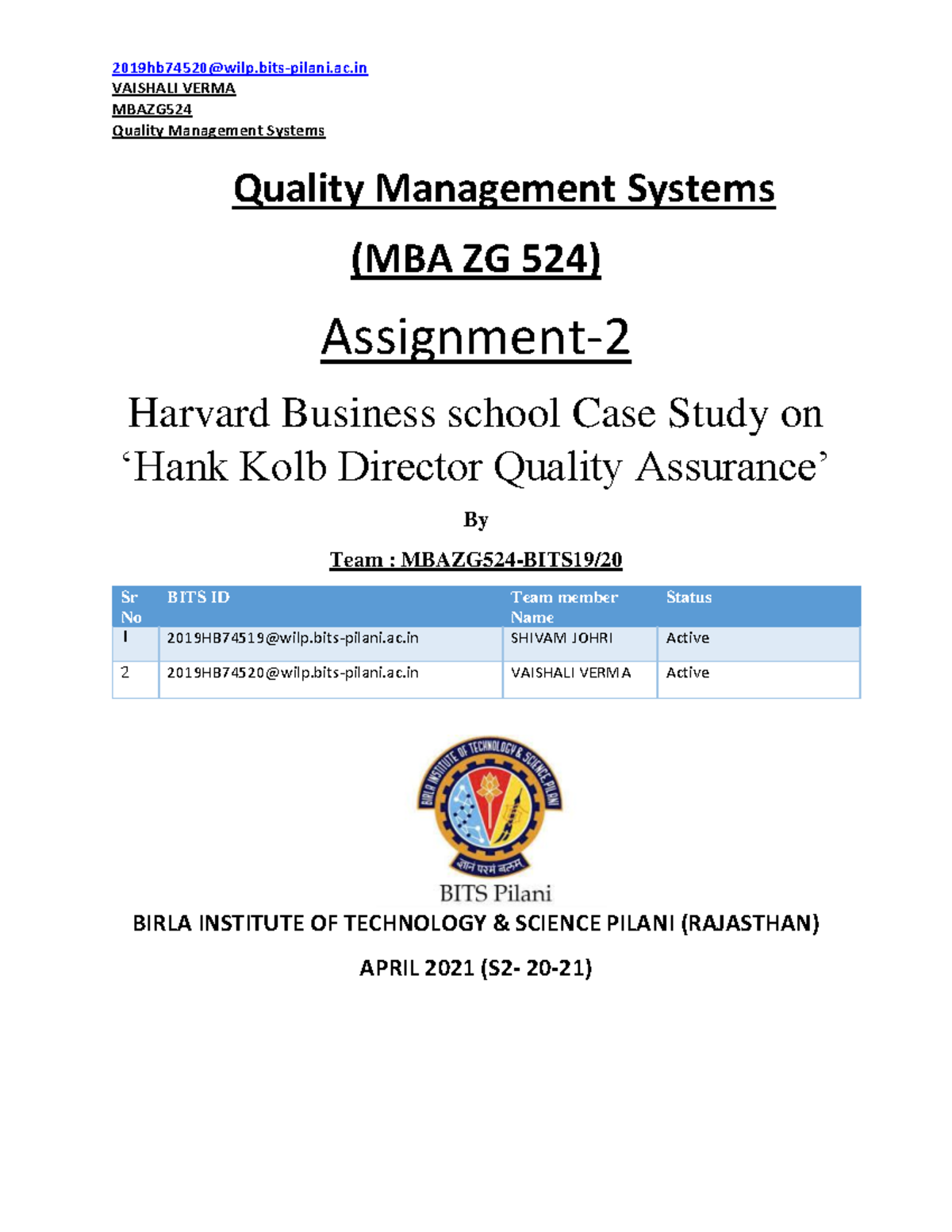 QMS Case Study - Hank Kolb's Assurance Strategies (MBA ZG 524) - Studocu