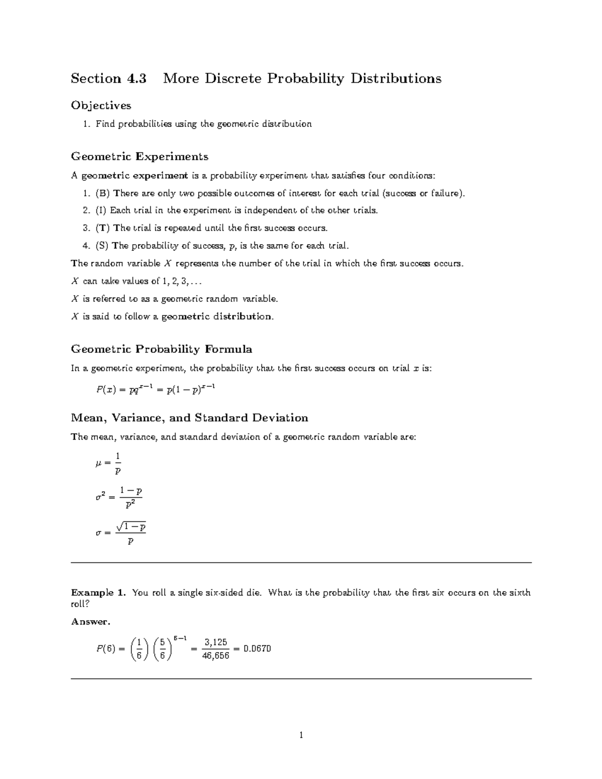 Geometric Distributions: Class Notes for Statistics Course (STAT 101 ...