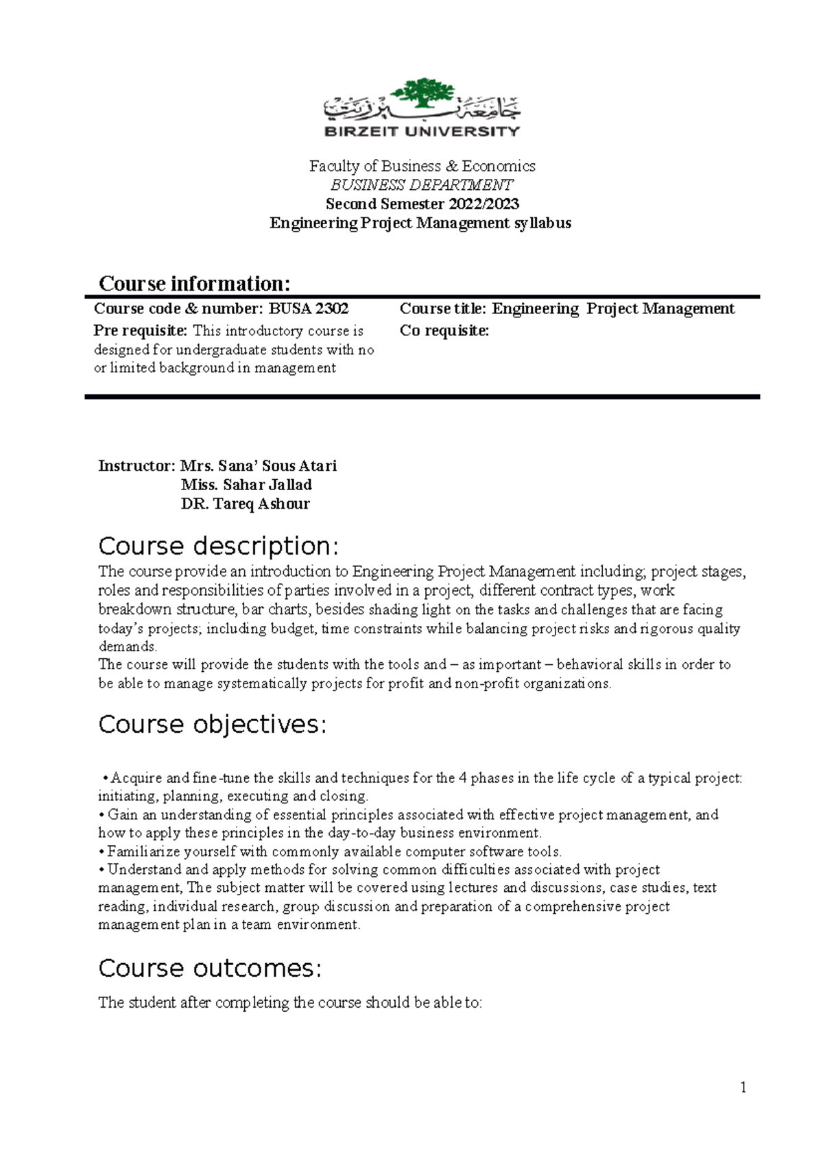 BUSA 2302 Engineering Project Management Syllabus 2023-2 - Studocu