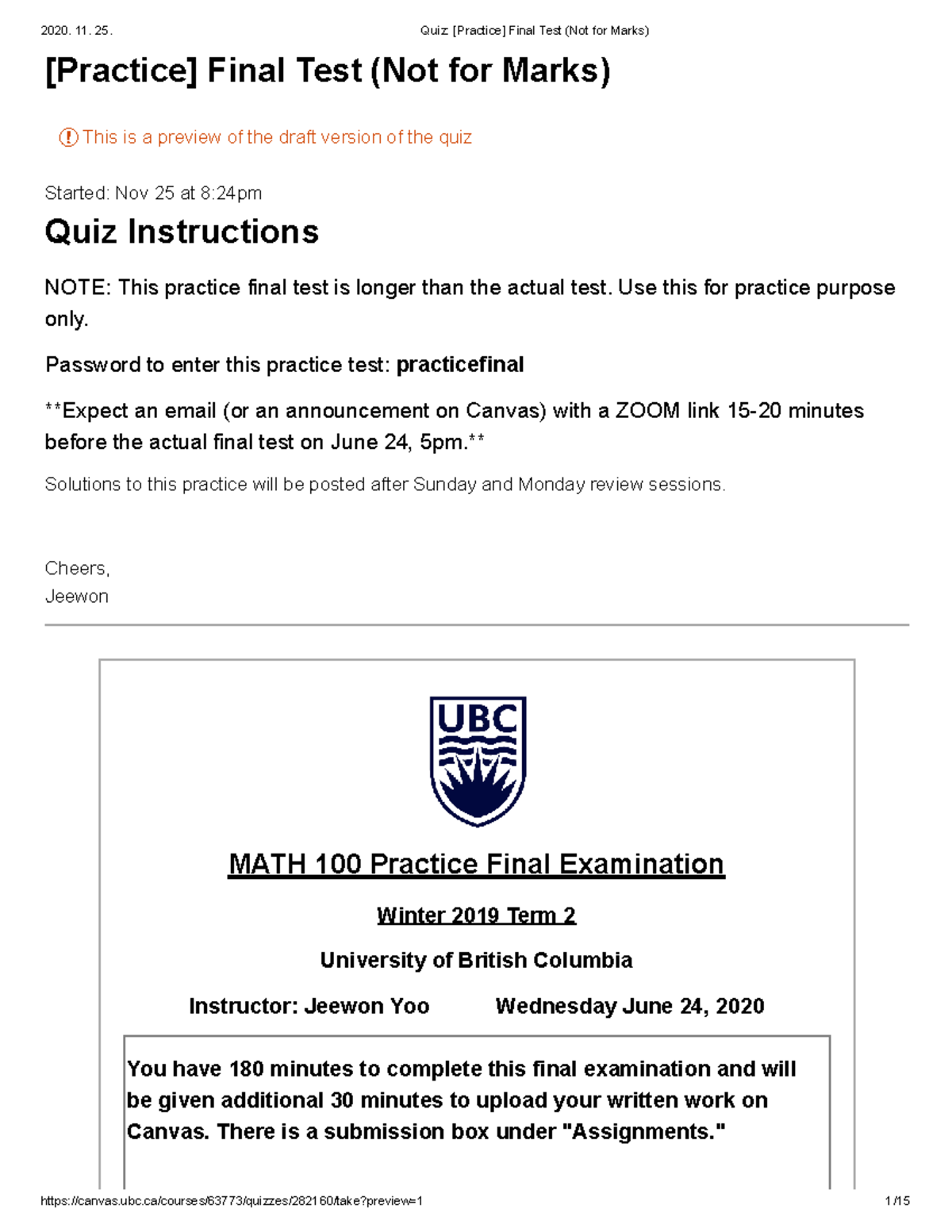 UBC MATH 100 2019 Practice Final Exam - [Practice] Final Test (Not for ...