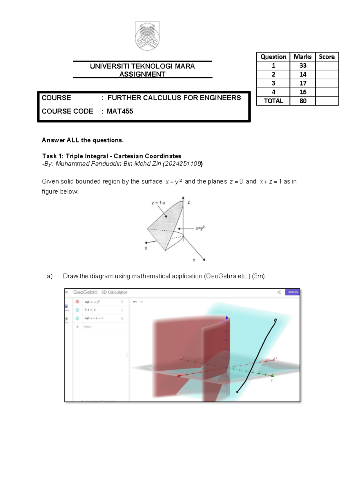 Group Assignment MAT455: Triple Integrals in Various Coordinates - Studocu