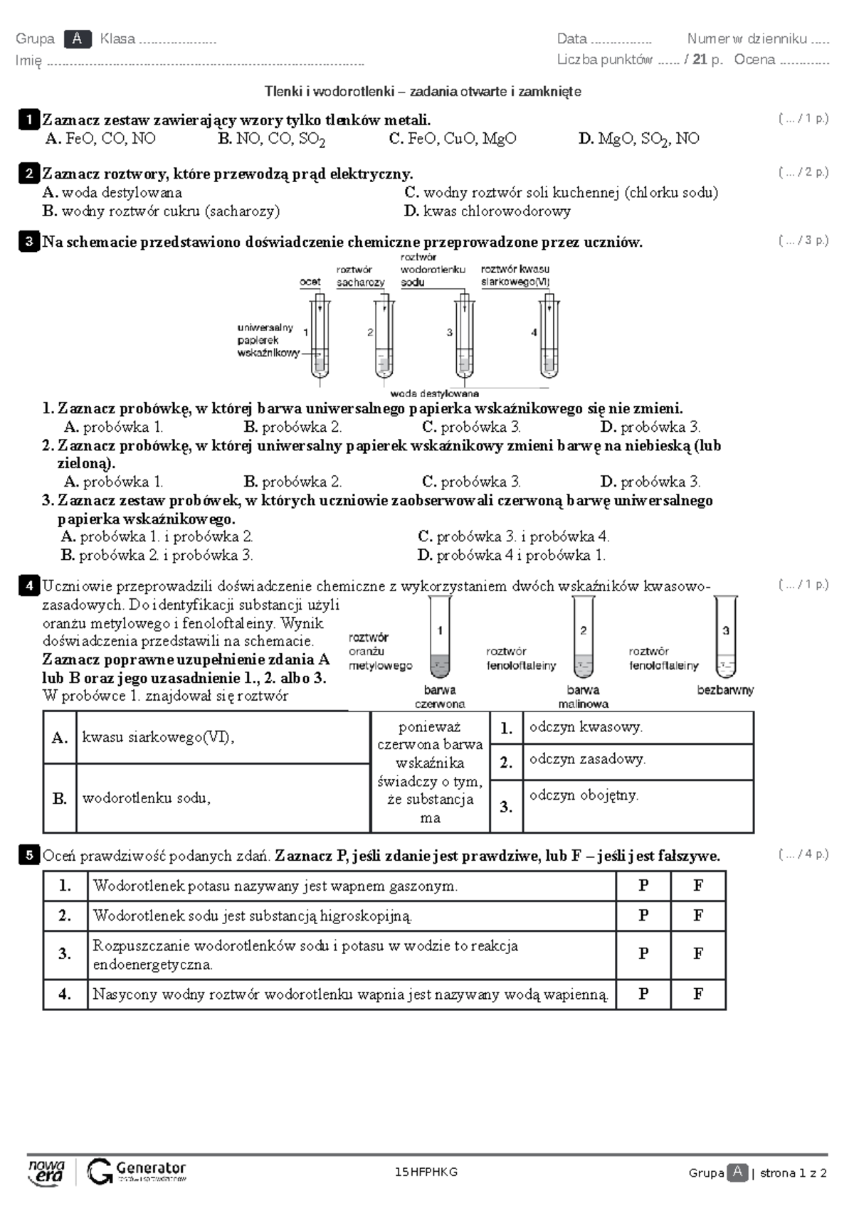 Tlenki i Wodorotlenki – Test z Zadaniami Otwartymi i Zamkniętymi
