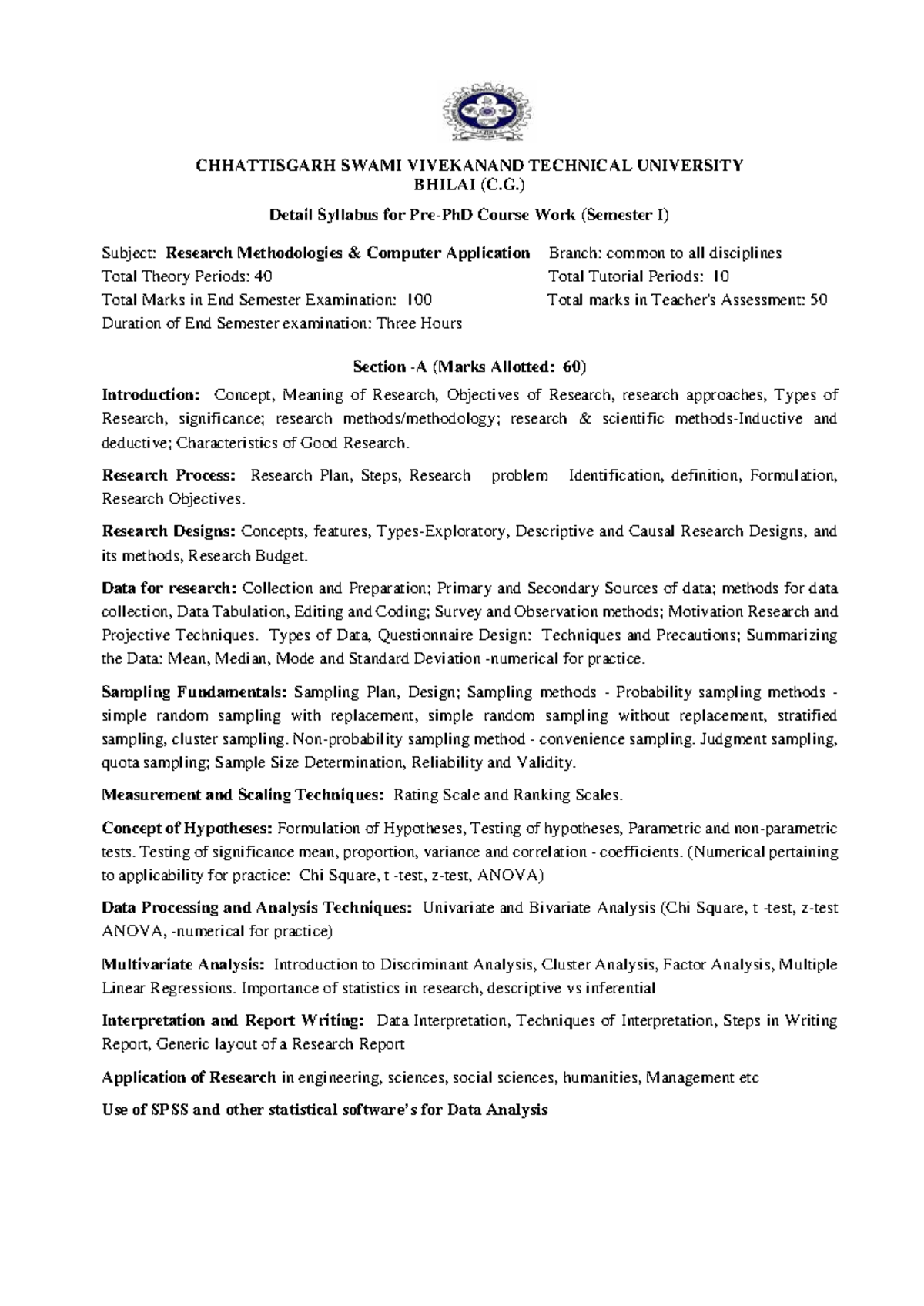 Pre-PhD Course Work Syllabus: Research Methodologies & Computer ...