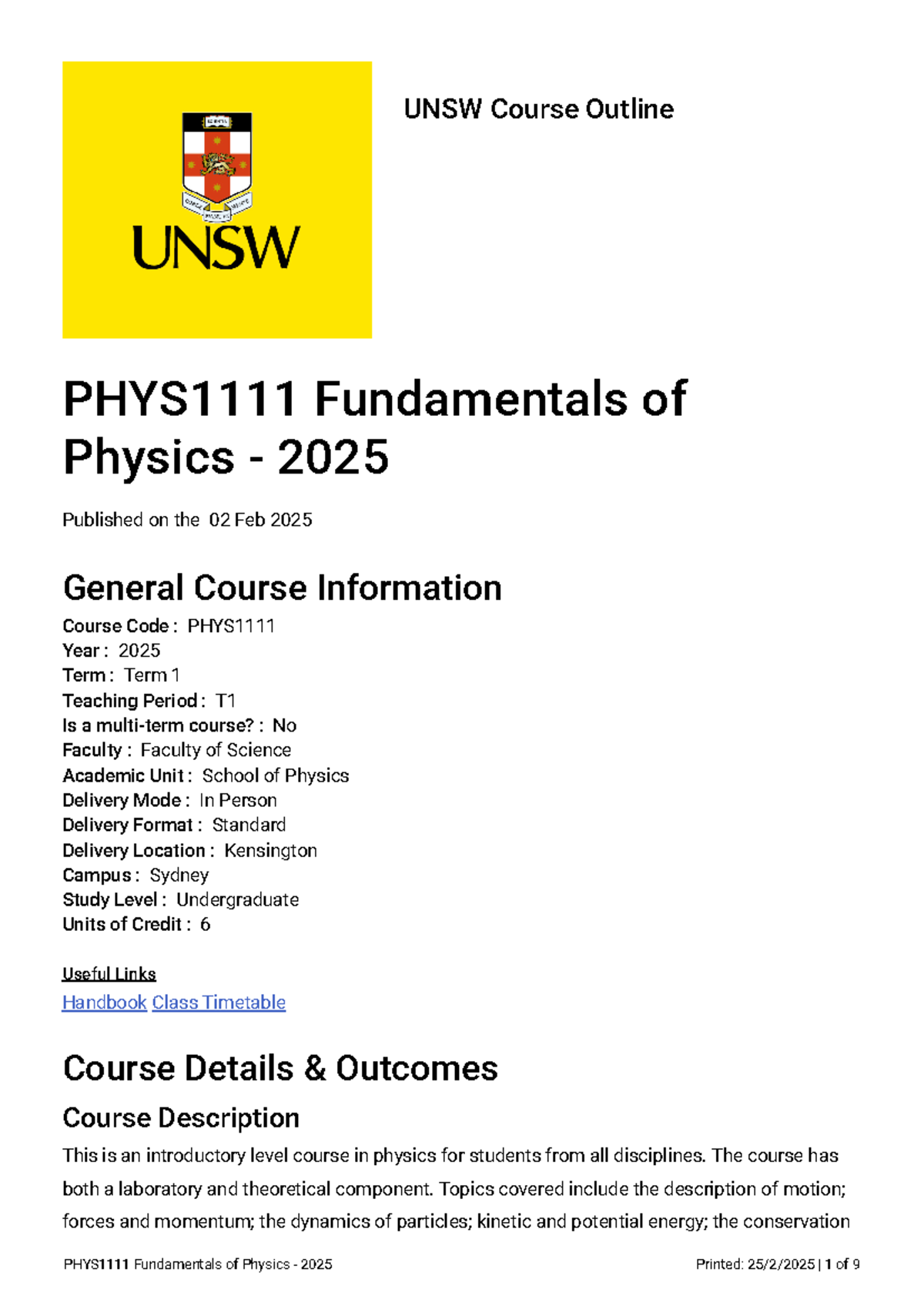 UNSW PHYS1111 Course Outline: Fundamentals of Physics T1 2025 - Studocu