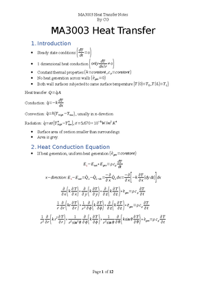 MA3003 Heat Transfer Notes: Key Concepts and Equations Explained - Studocu