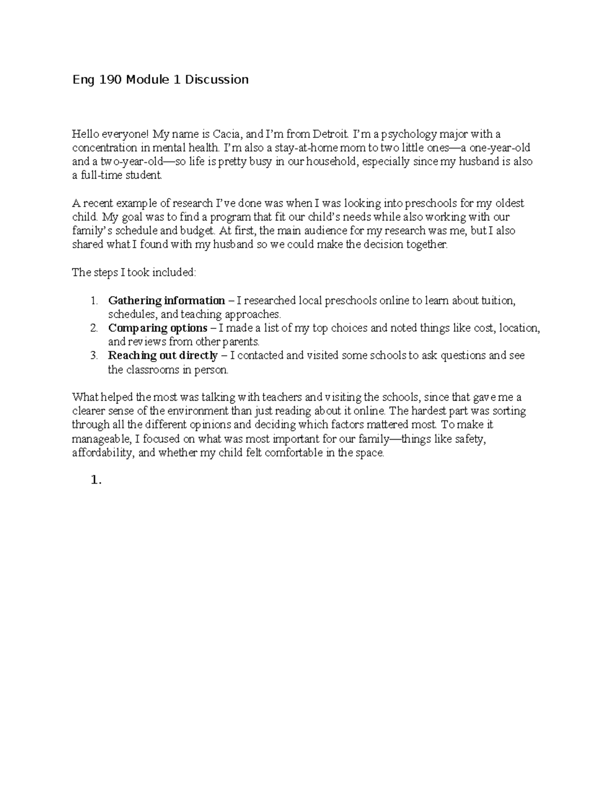 Eng 190 Module 1 Discussion: Researching Preschools for My Child - Studocu