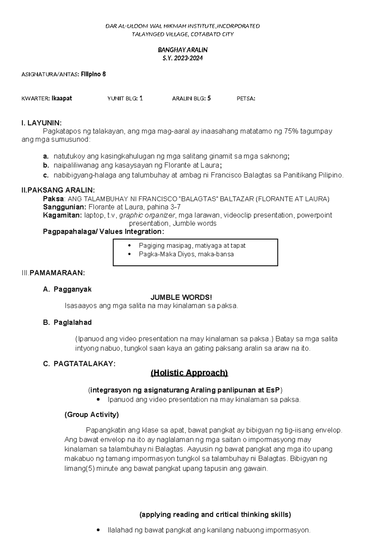 Filipino 8 Lesson Plan: Talambuhay ni Francisco Balagtas (Unit 1) - Studocu