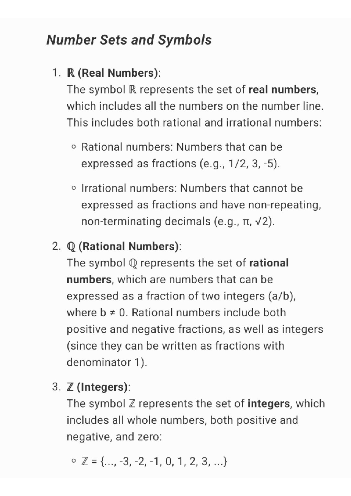 Math Symbols - good - Number Sets and Symbols 1. R (Real Numbers): The ...