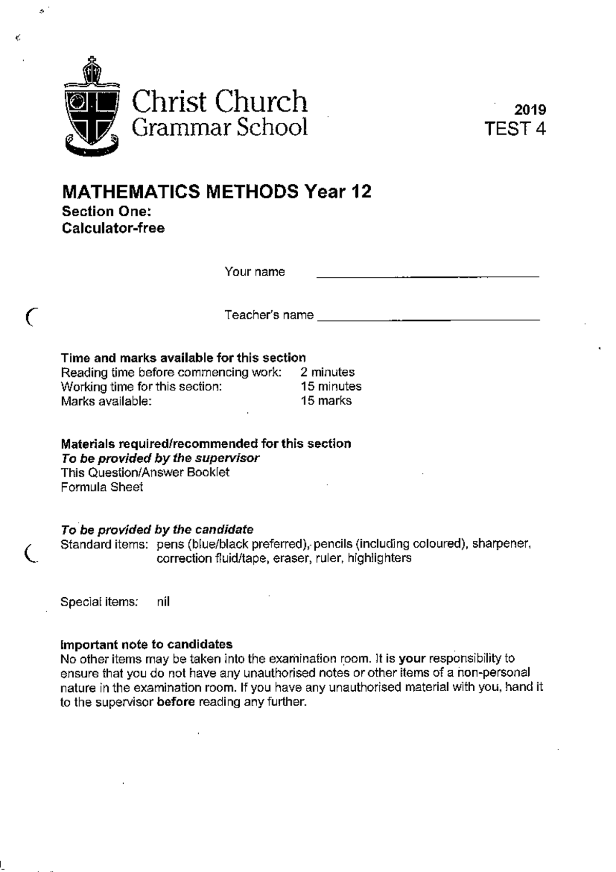Test 4 - 2019 - Mathematics Methods Year 12 Exam Guide - Studocu