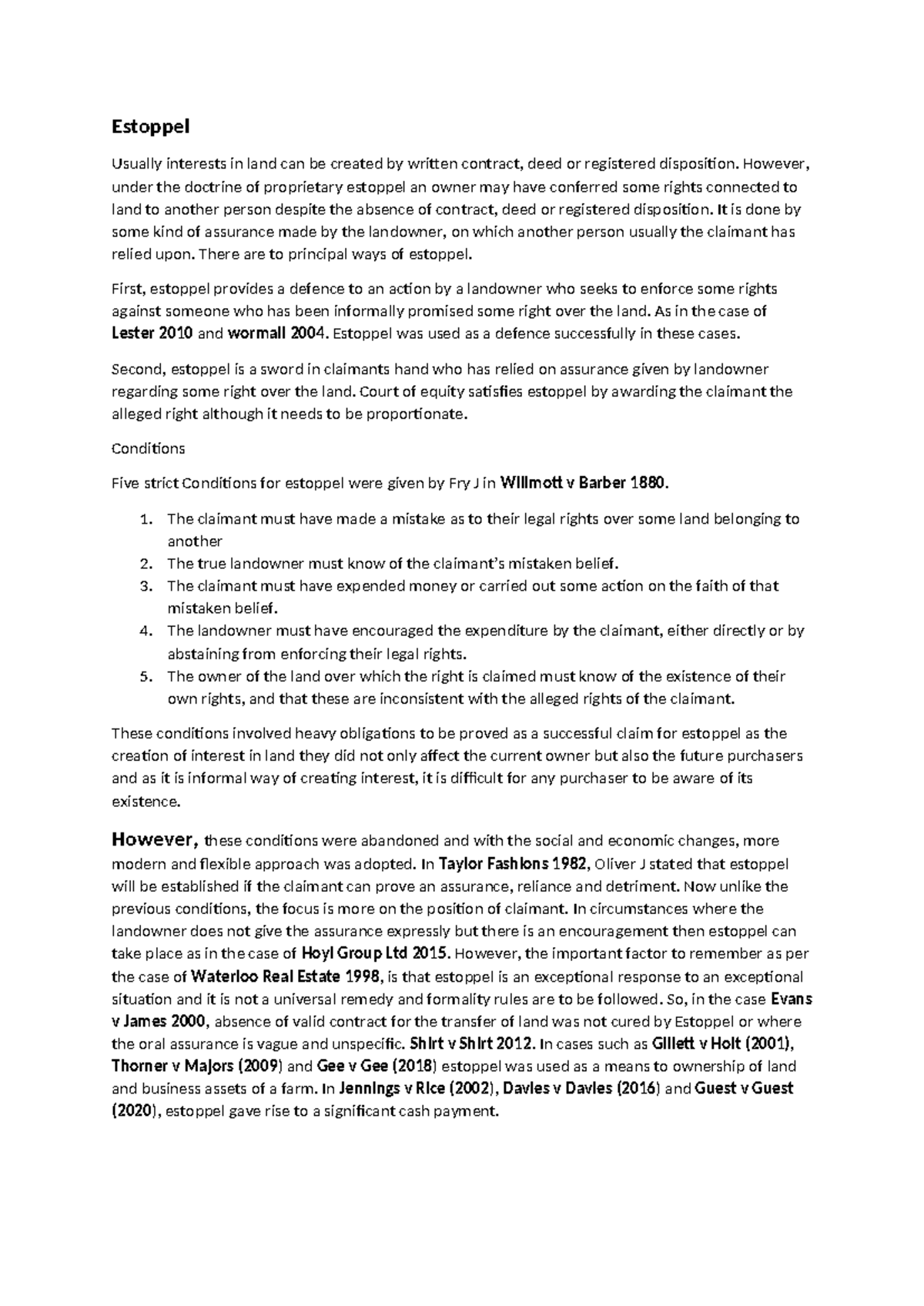 Estoppel: Final Lecture Notes on Proprietary Estoppel Principles - Studocu