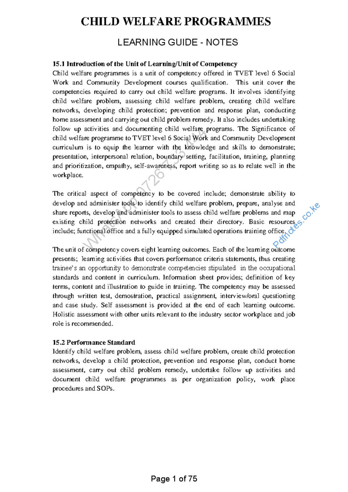 Child Welfare Programmes Notes - TVET Level 6 Social Work - Studocu