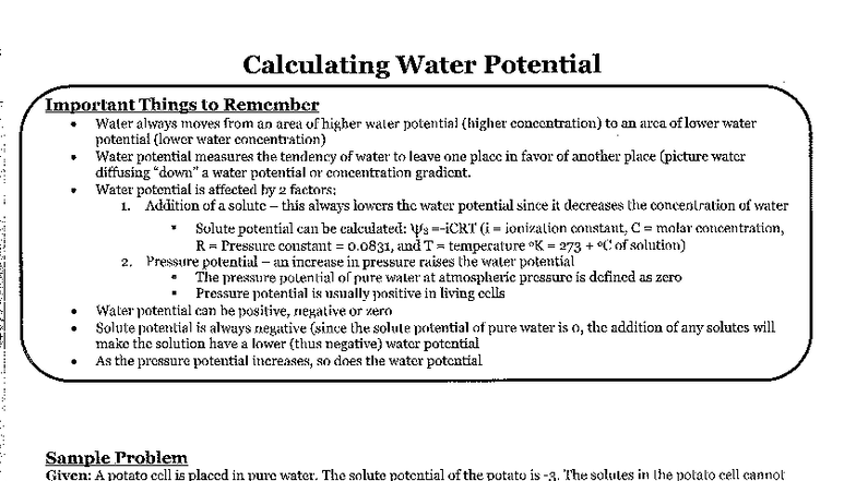 Water potential problems blank - Calculating Water Potential Important ...