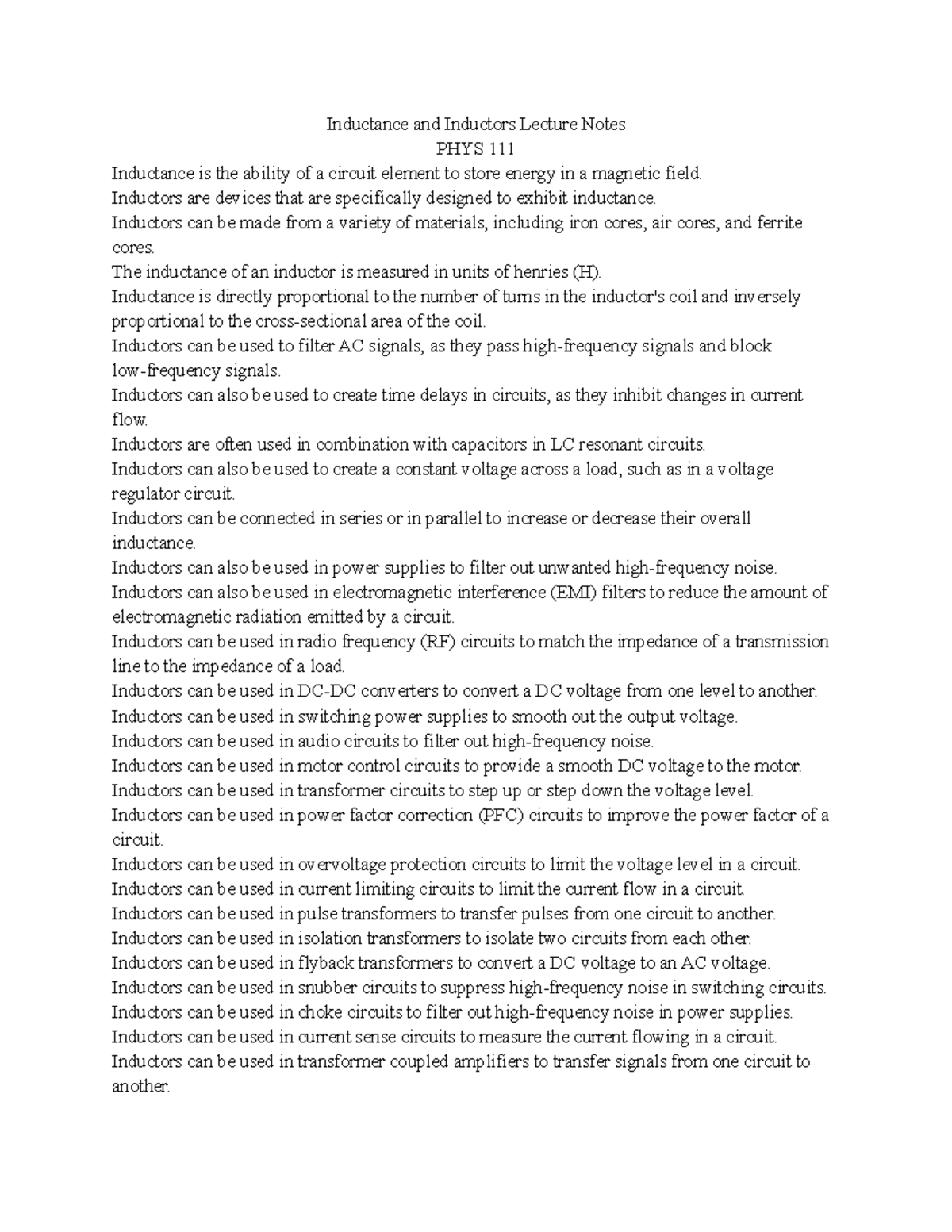 PHYS 111: Inductance & Inductors Lecture Notes Summary - Studocu