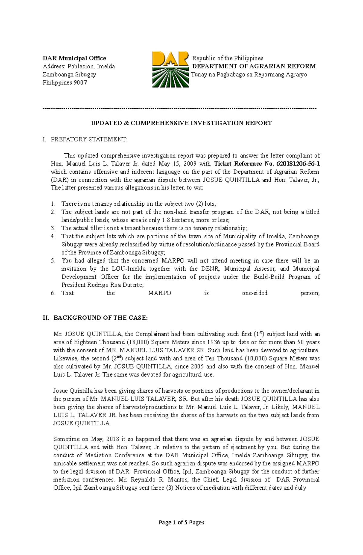 Updated Investigation Report on Agrarian Dispute - DAR Case Study - Studocu