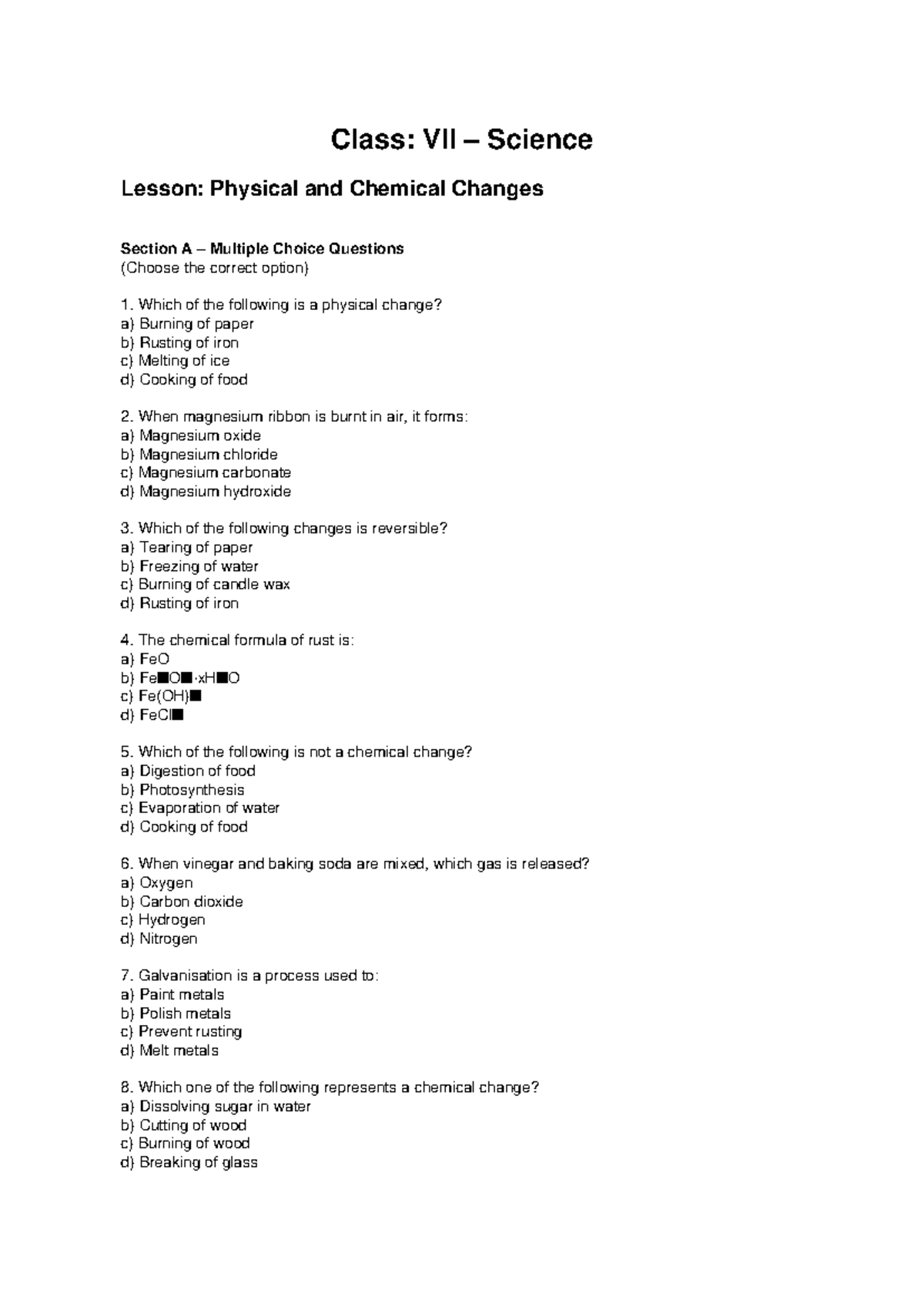 Class VII Science Lesson: Physical and Chemical Changes MCQs - Studocu