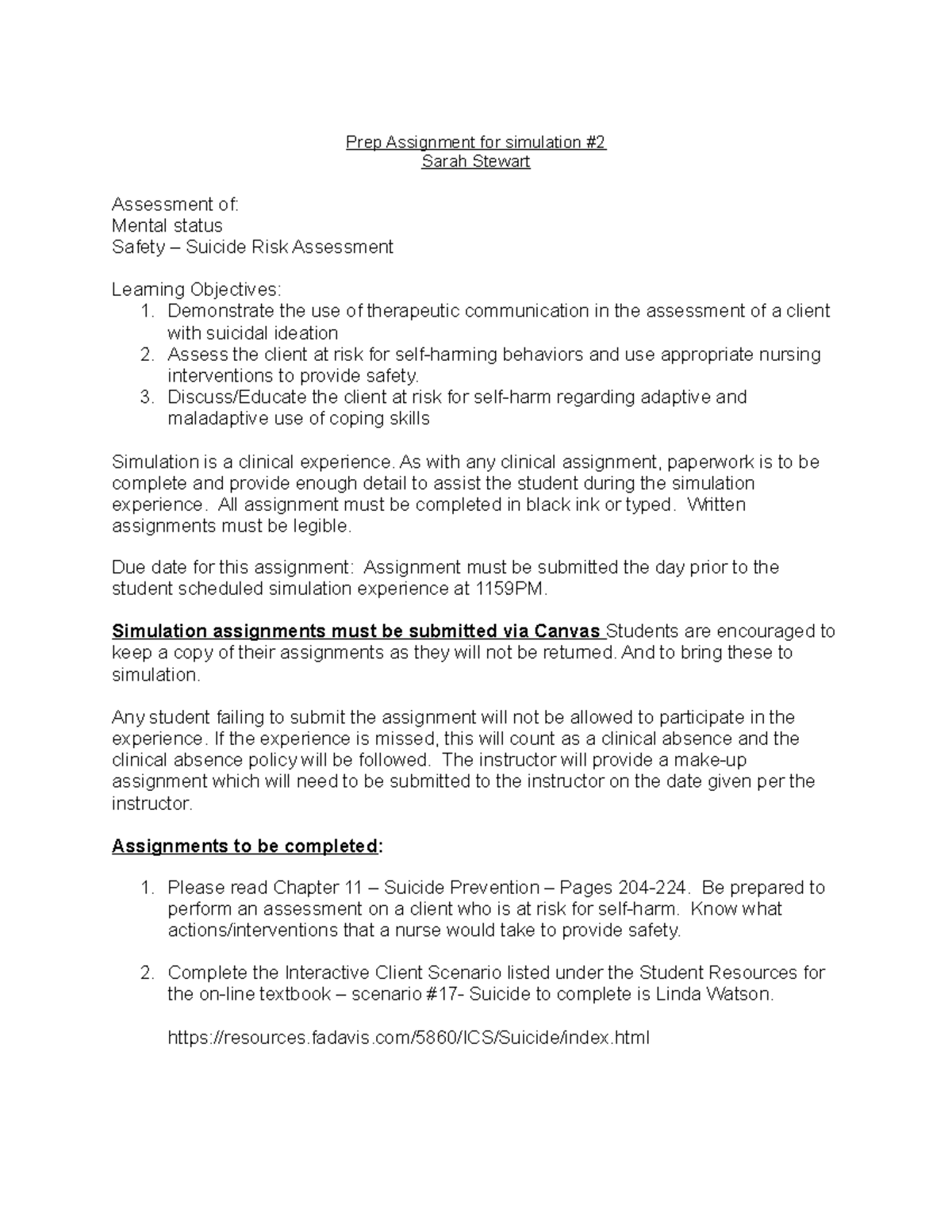 NUR 123: Simulation Prep Assignment on Suicide Risk Assessment - Studocu