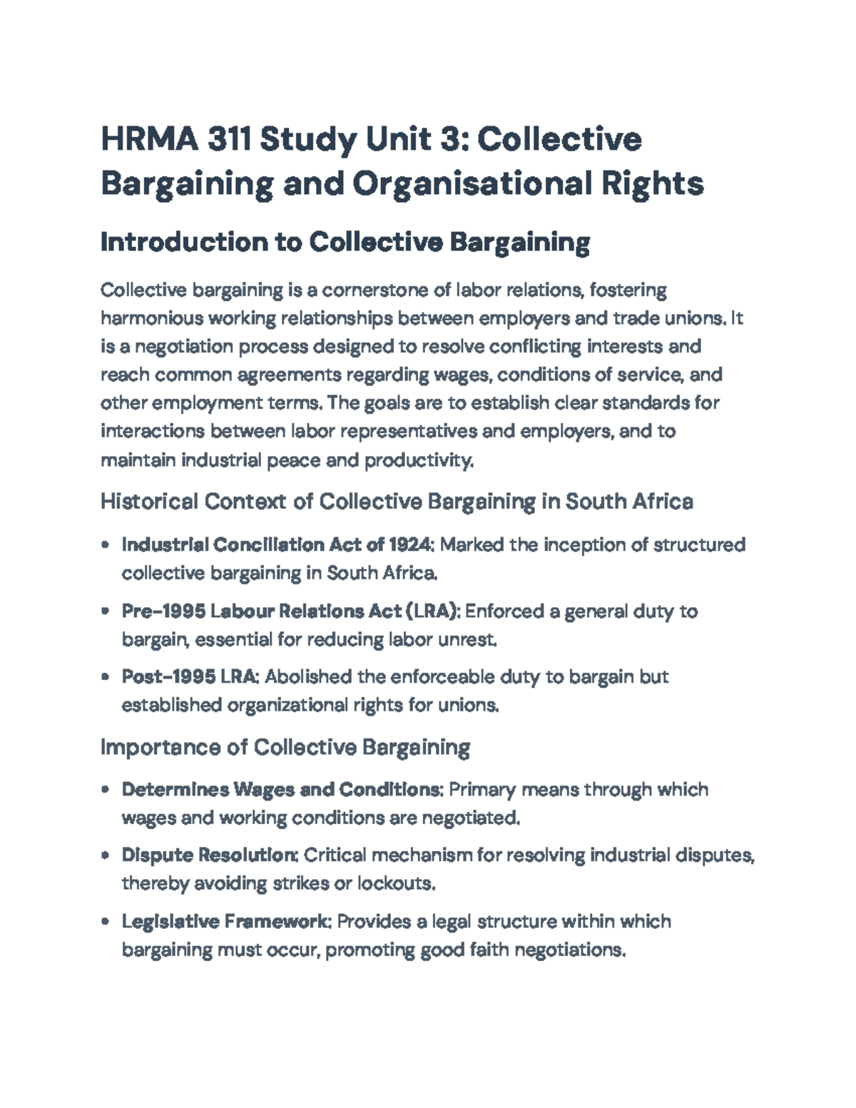 HRMA 311 Study Unit 3: Collective Bargaining & Org Rights Overview ...