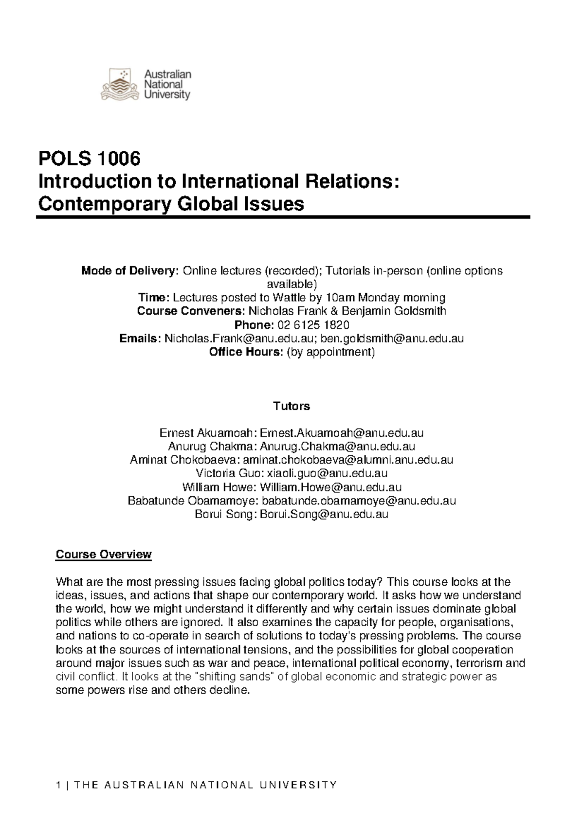 POLS 1006 Course Syllabus: Introduction to International Relations ...