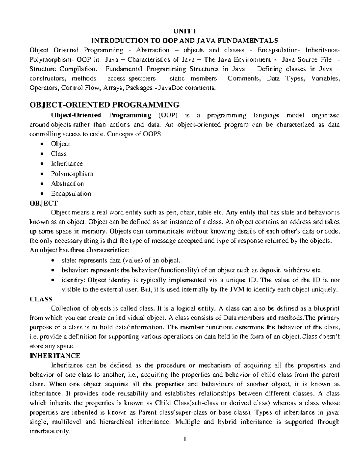 Csc 301 (object oriented programming java) 2 - UNIT I INTRODUCTION TO ...